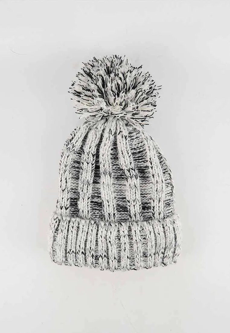 หมวกไหมพรม ทรงบีนนี่แต่งปอม แบบบุขนด้านใน - Thick Cable Knitted Fleece Lined Pom Pom Beanie Hat