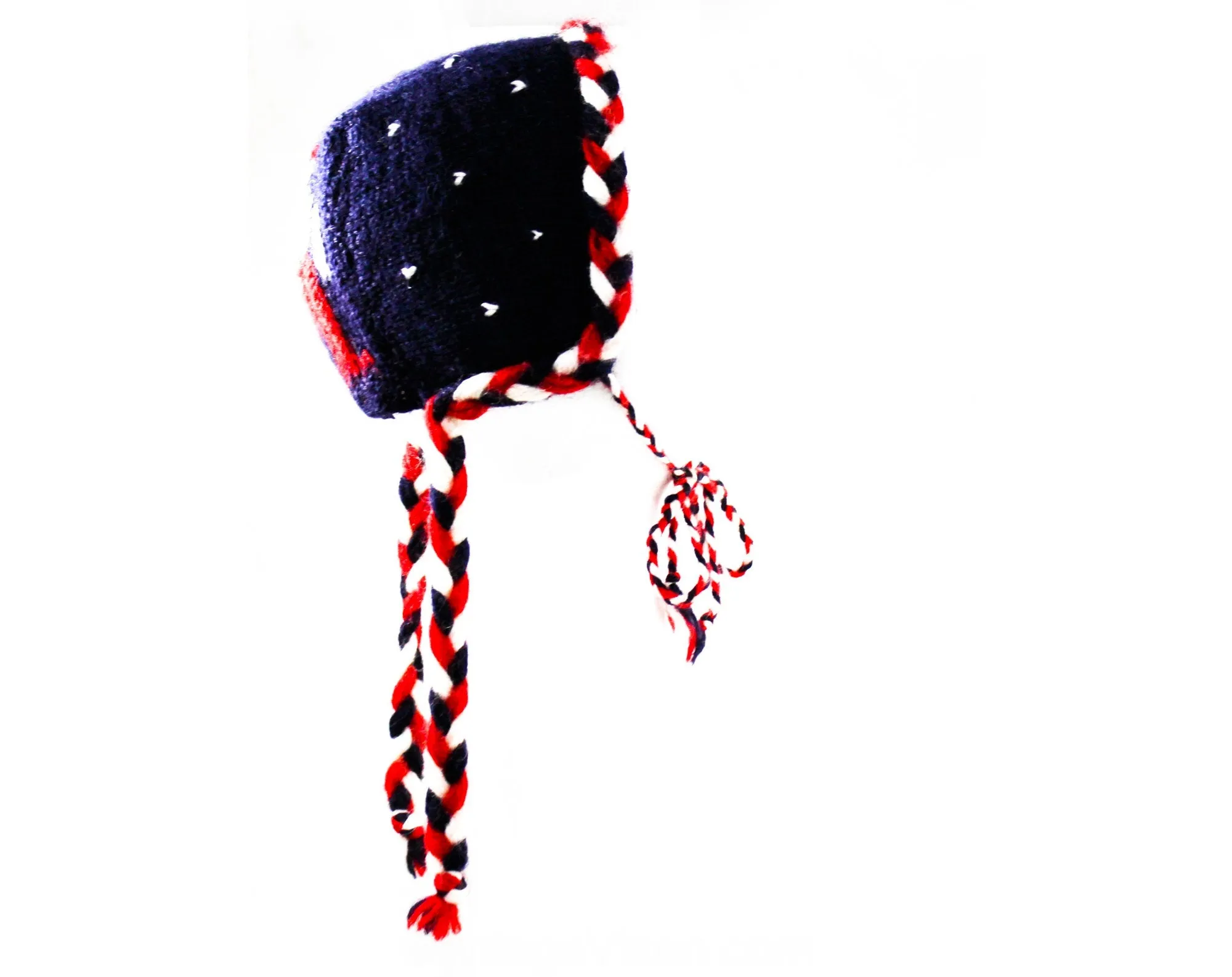 1950s Child's Winter Folk Hat - 50s Girl's Wool Hand Knitted Cap - Age 6 to 8 Fair Isle Inspired Canadian Knit - Red Navy White - Braid Ties