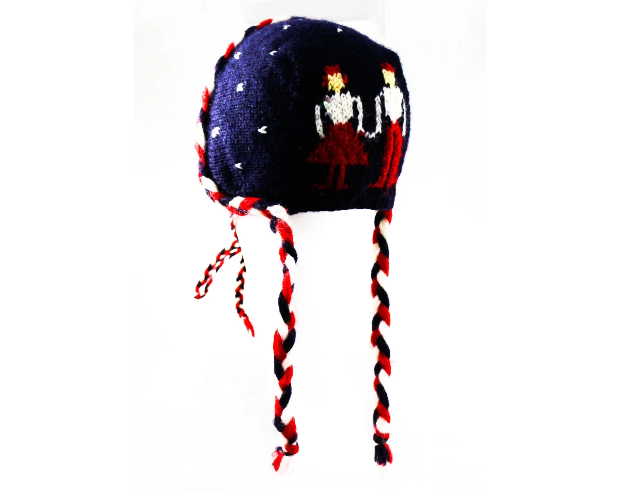 1950s Child's Winter Folk Hat - 50s Girl's Wool Hand Knitted Cap - Age 6 to 8 Fair Isle Inspired Canadian Knit - Red Navy White - Braid Ties