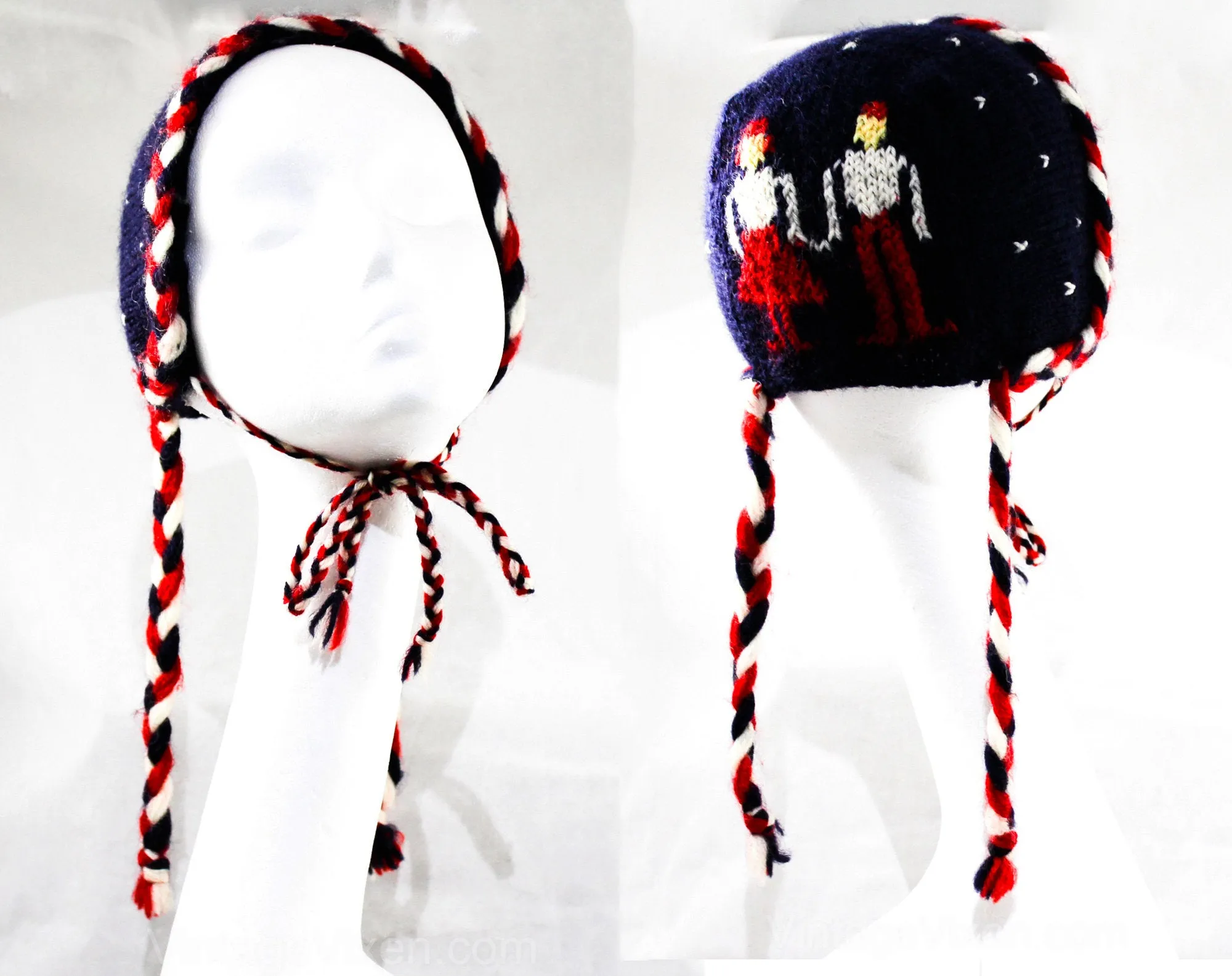 1950s Child's Winter Folk Hat - 50s Girl's Wool Hand Knitted Cap - Age 6 to 8 Fair Isle Inspired Canadian Knit - Red Navy White - Braid Ties