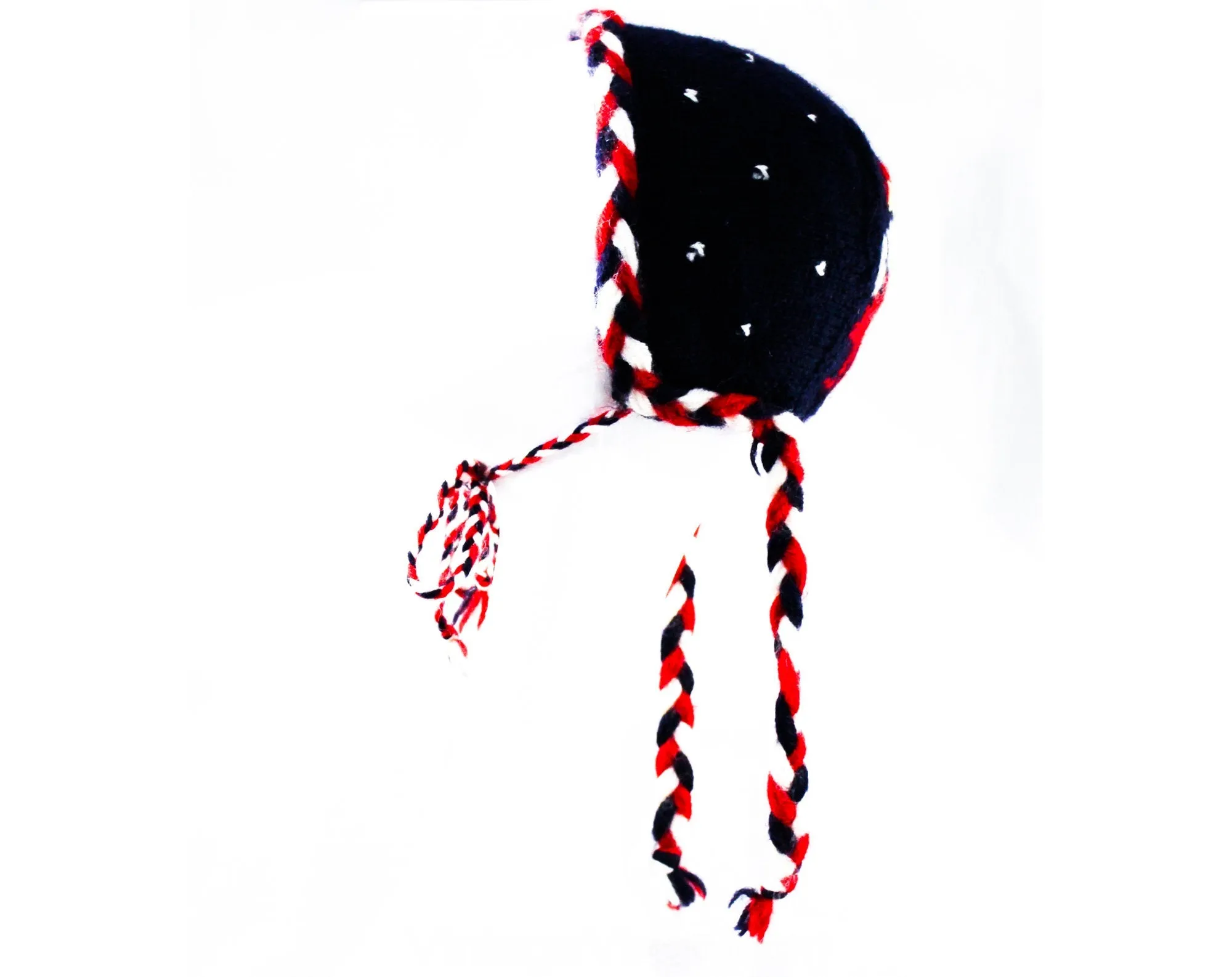 1950s Child's Winter Folk Hat - 50s Girl's Wool Hand Knitted Cap - Age 6 to 8 Fair Isle Inspired Canadian Knit - Red Navy White - Braid Ties