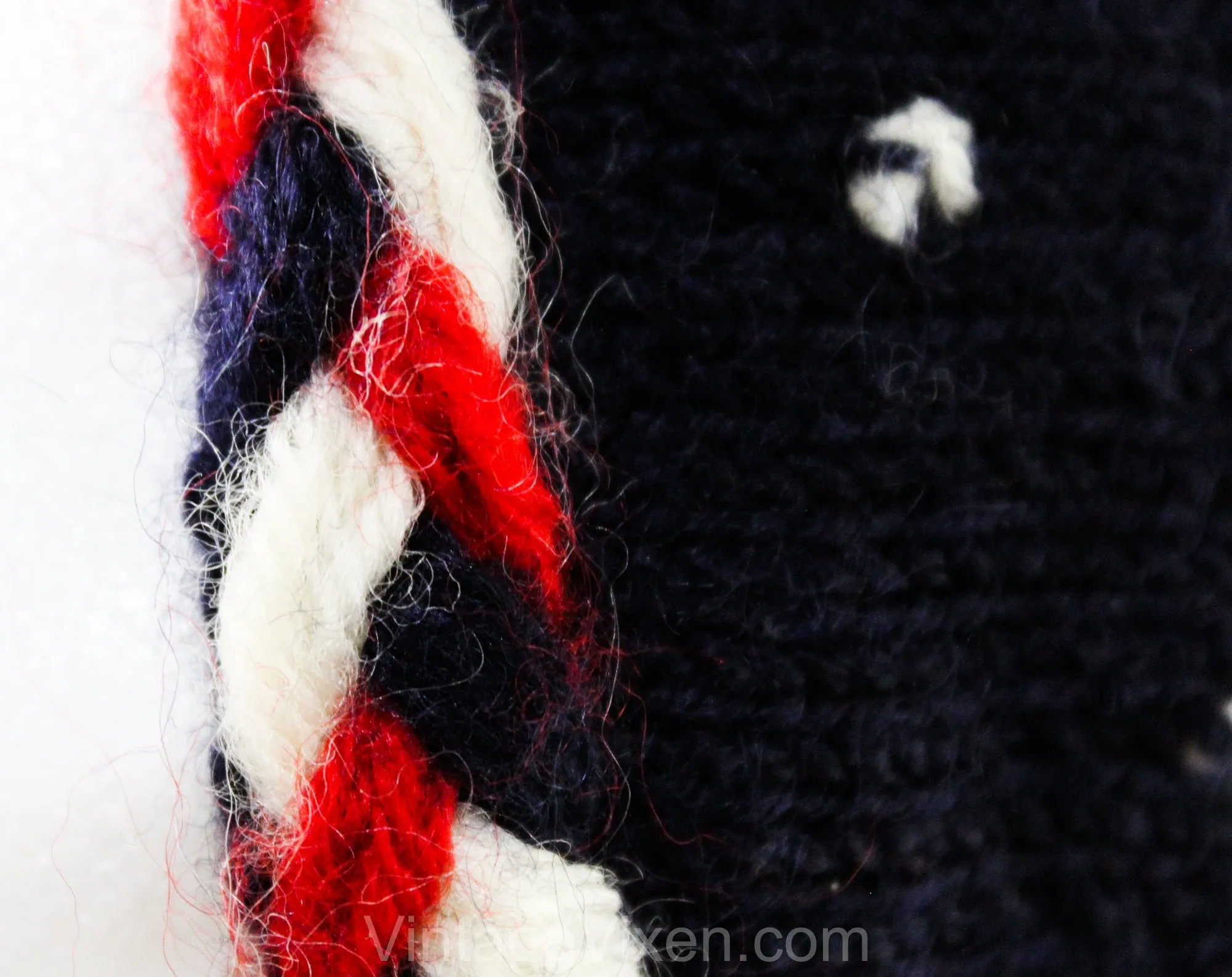 1950s Child's Winter Folk Hat - 50s Girl's Wool Hand Knitted Cap - Age 6 to 8 Fair Isle Inspired Canadian Knit - Red Navy White - Braid Ties