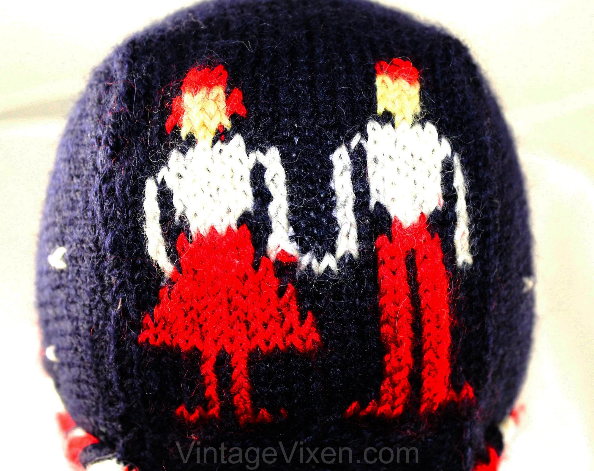 1950s Child's Winter Folk Hat - 50s Girl's Wool Hand Knitted Cap - Age 6 to 8 Fair Isle Inspired Canadian Knit - Red Navy White - Braid Ties