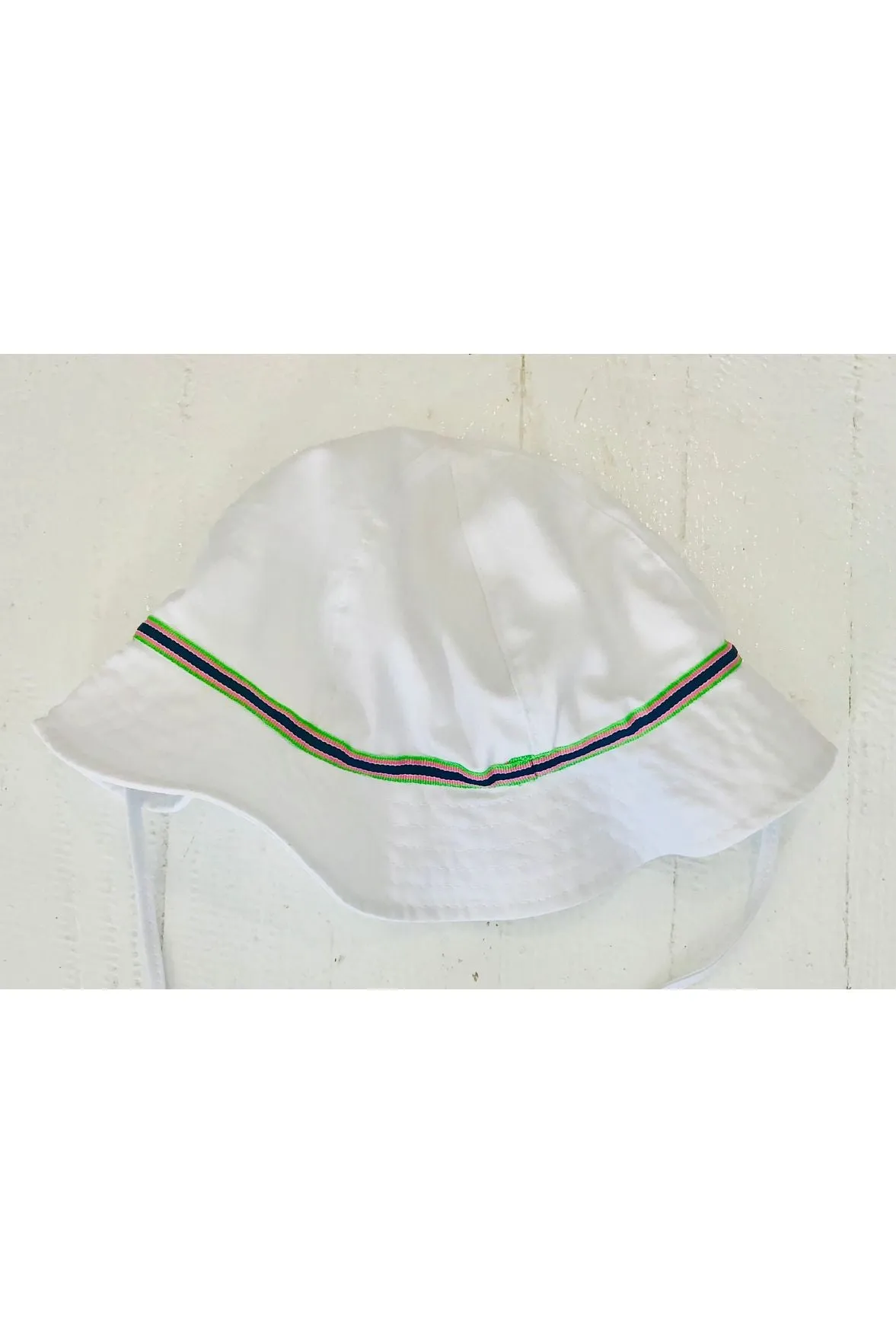 Baby White Bucket Hat with Pink, Navy and Green Stripes