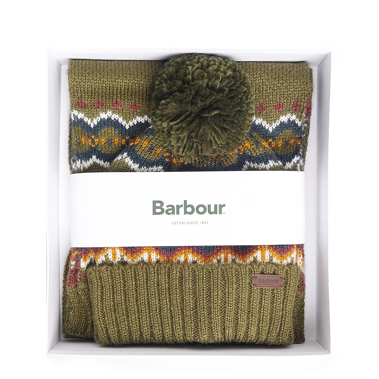Barbour Fairisle Beanie & Scarf Gift Set Olive