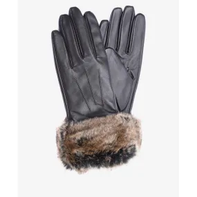 Barbour Fur Trimmed Ladies Leather Gloves - Dark Brown