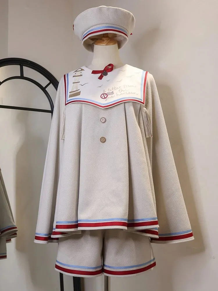 Beige Ouji Sailor Lolita Full Set-Beige Sailor Collor Top   Beige Ouji Shorts   Beige Beret Hat