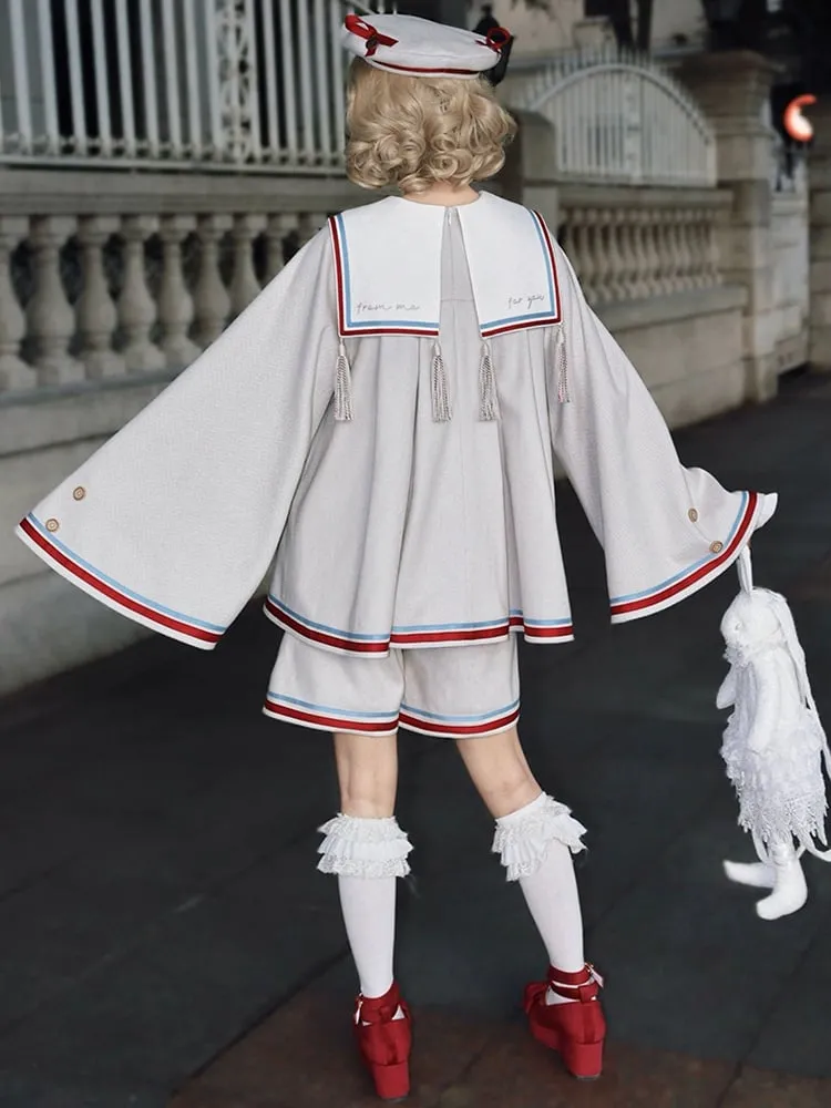 Beige Ouji Sailor Lolita Full Set-Beige Sailor Collor Top   Beige Ouji Shorts   Beige Beret Hat