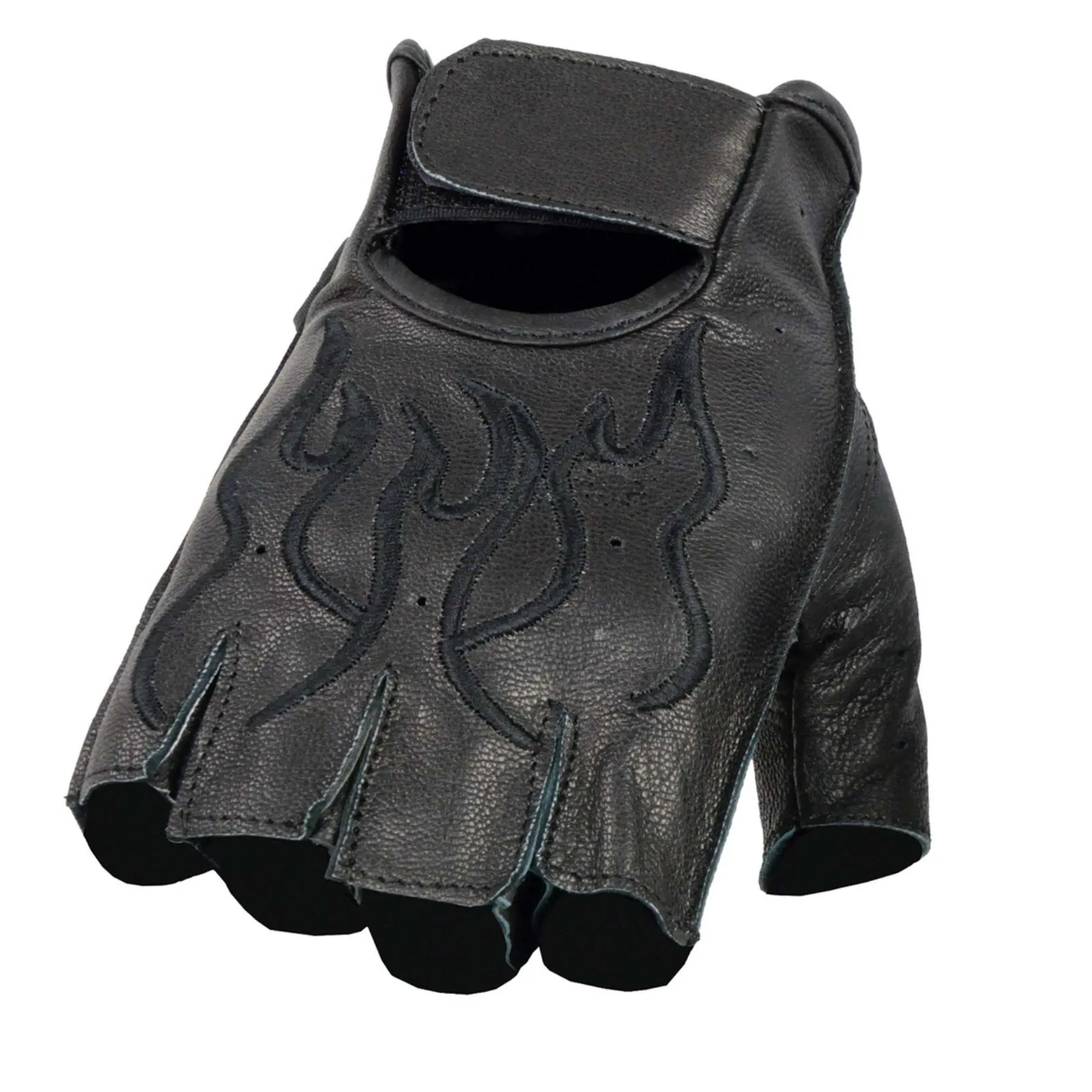 BLACK Flame SH198 Men's Black Leather Gel Padded Palm Fingerless Motorcycle Hand Gloves W/ Black Flame Embroidered