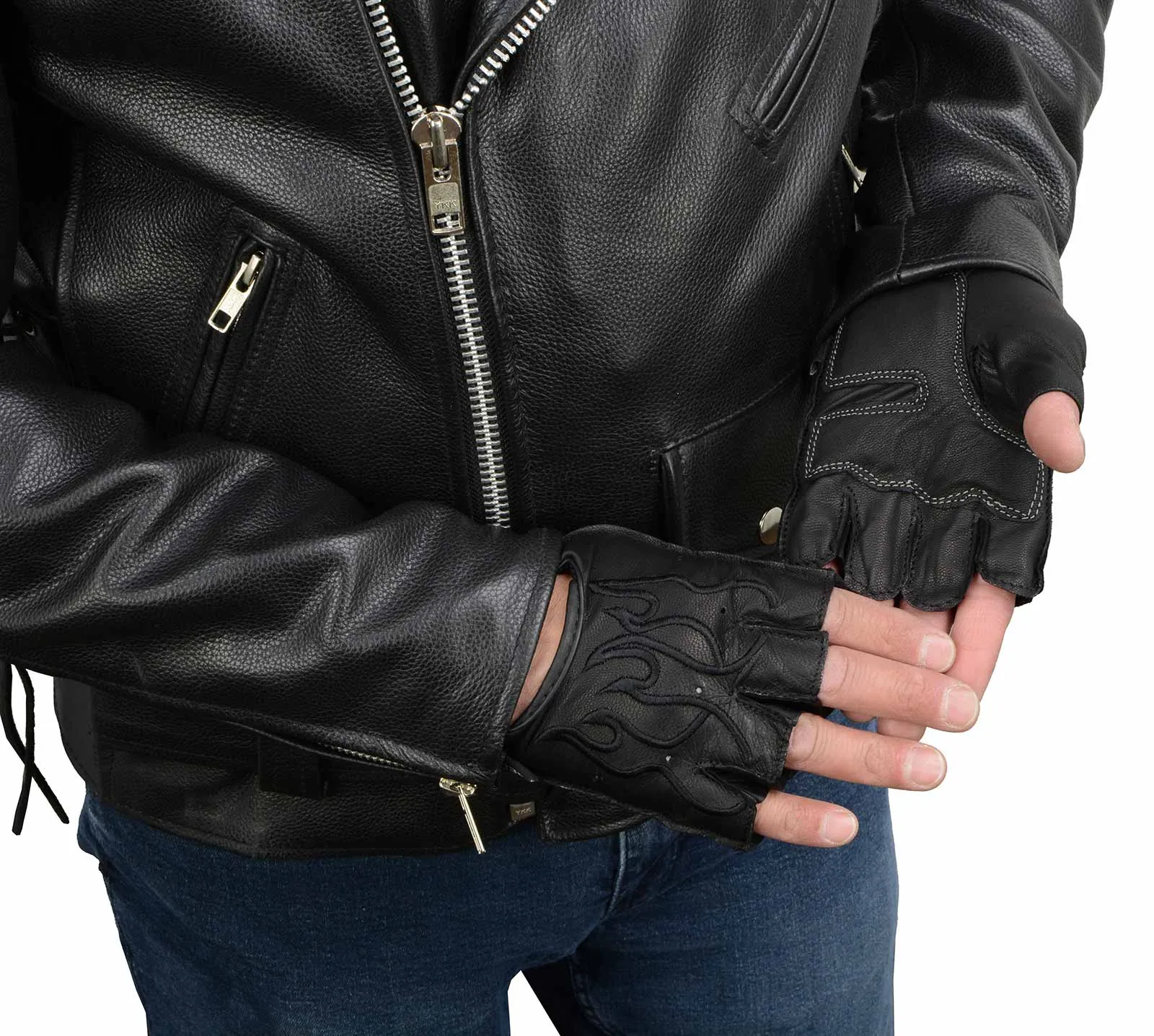 BLACK Flame SH198 Men's Black Leather Gel Padded Palm Fingerless Motorcycle Hand Gloves W/ Black Flame Embroidered