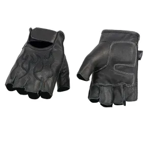 BLACK Flame SH198 Men's Black Leather Gel Padded Palm Fingerless Motorcycle Hand Gloves W/ Black Flame Embroidered