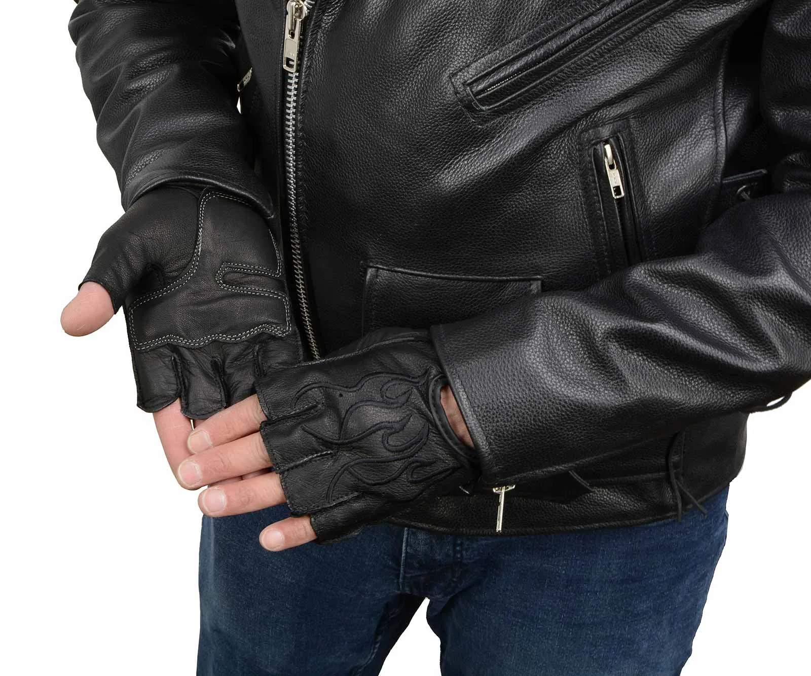 BLACK Flame SH198 Men's Black Leather Gel Padded Palm Fingerless Motorcycle Hand Gloves W/ Black Flame Embroidered