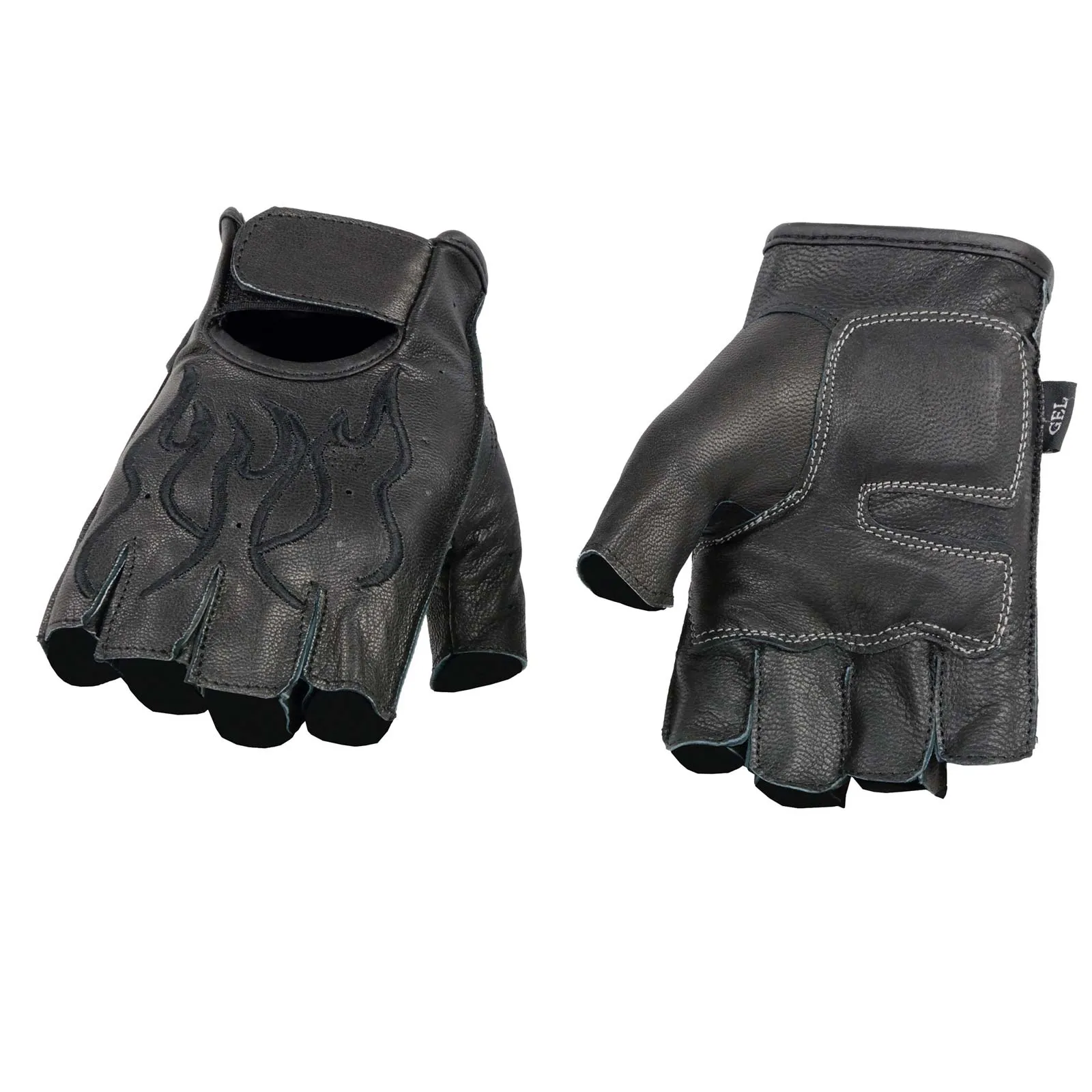 BLACK Flame SH198 Men's Black Leather Gel Padded Palm Fingerless Motorcycle Hand Gloves W/ Black Flame Embroidered
