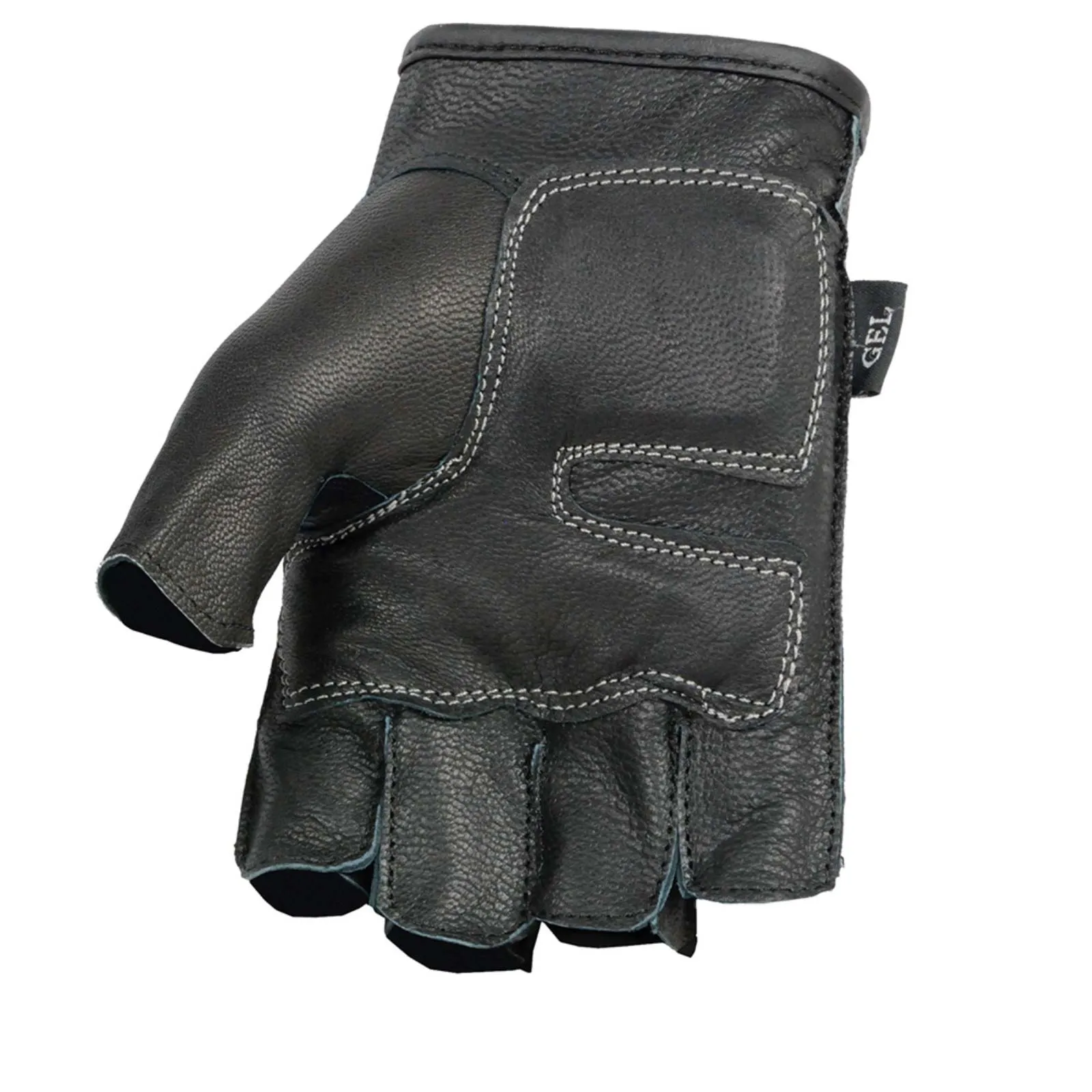 BLACK Flame SH198 Men's Black Leather Gel Padded Palm Fingerless Motorcycle Hand Gloves W/ Black Flame Embroidered