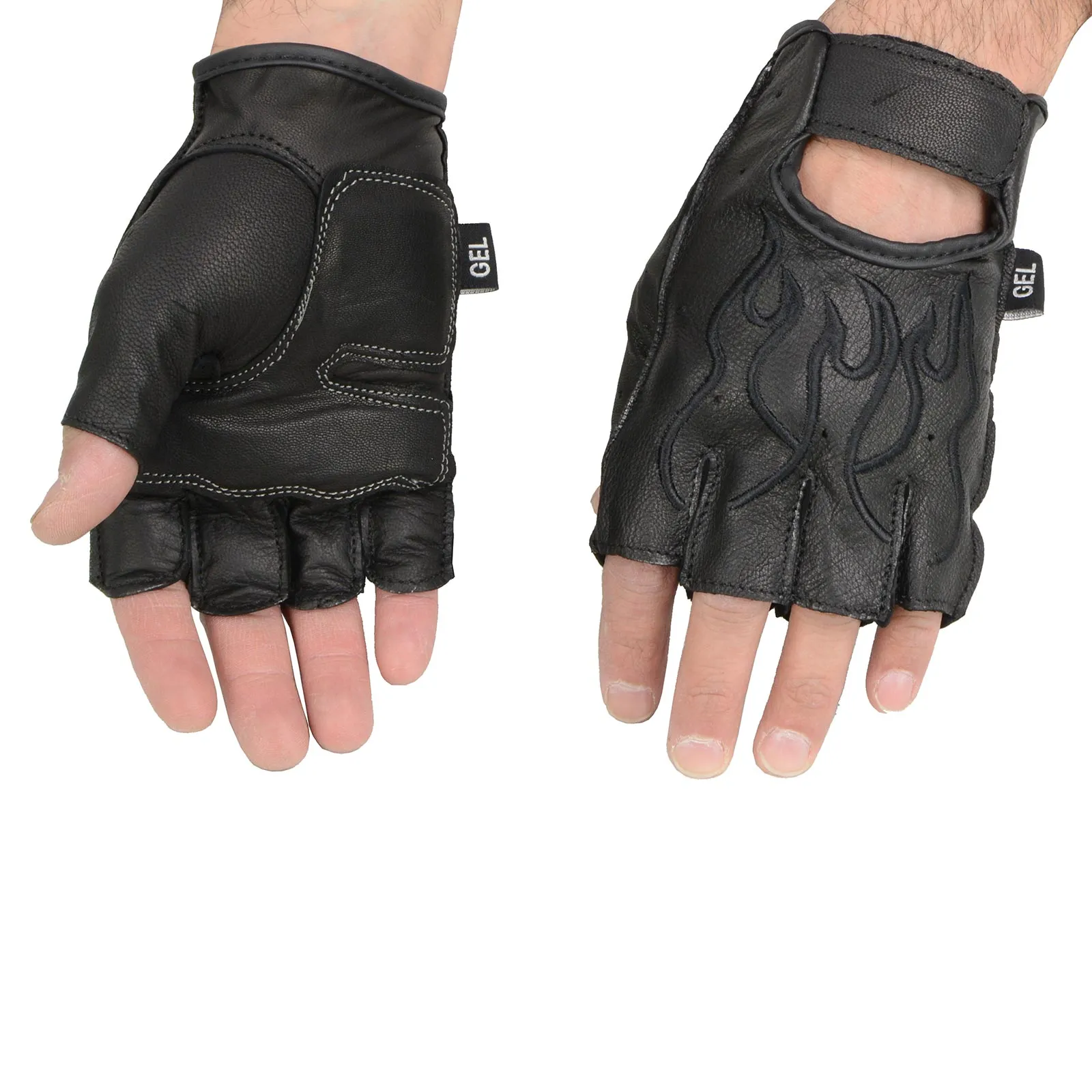 BLACK Flame SH198 Men's Black Leather Gel Padded Palm Fingerless Motorcycle Hand Gloves W/ Black Flame Embroidered