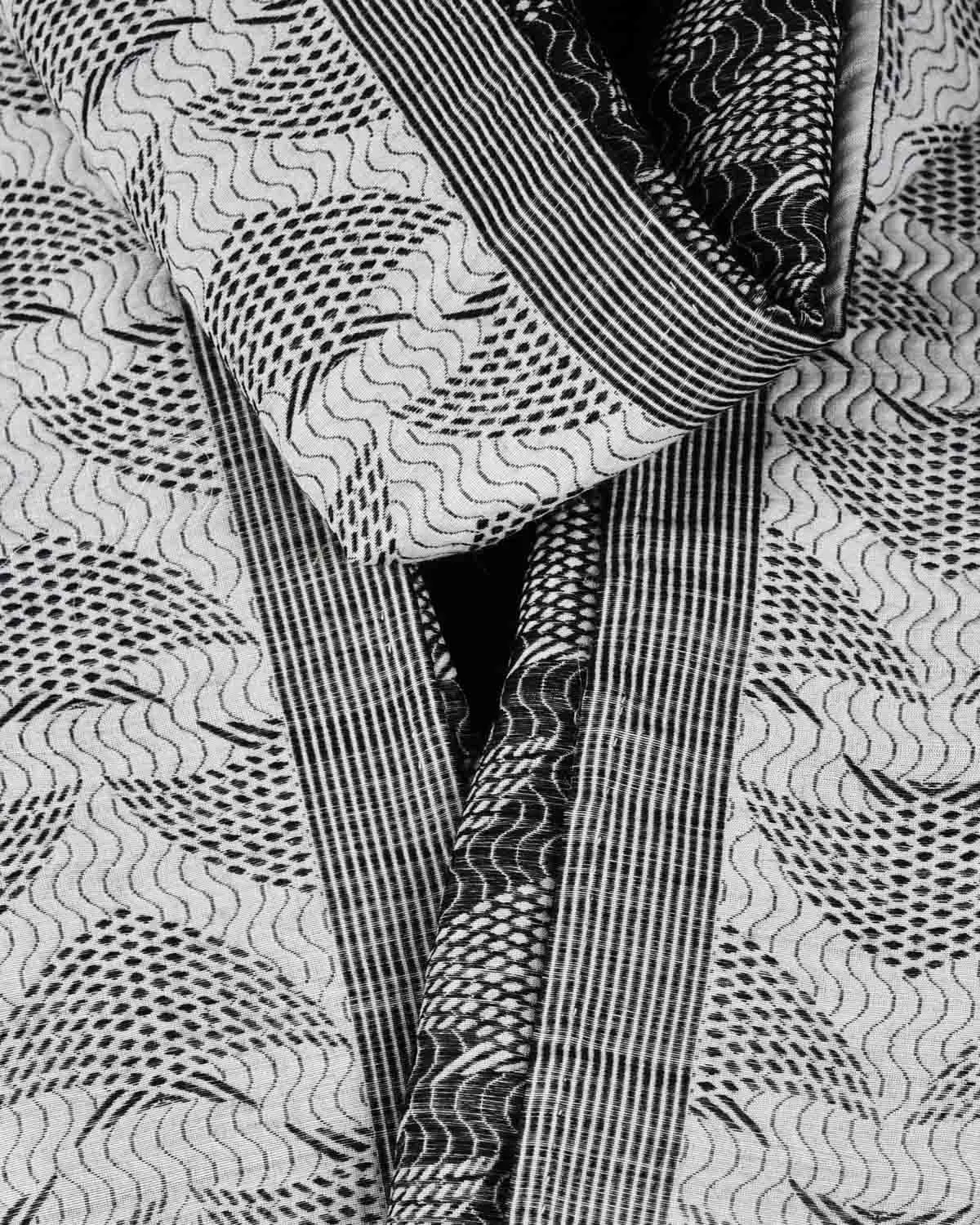 Black On Cream Banarasi Oceanic Pisces Brocade Handwoven Unisex Silk Wool Scarf 80"x10"