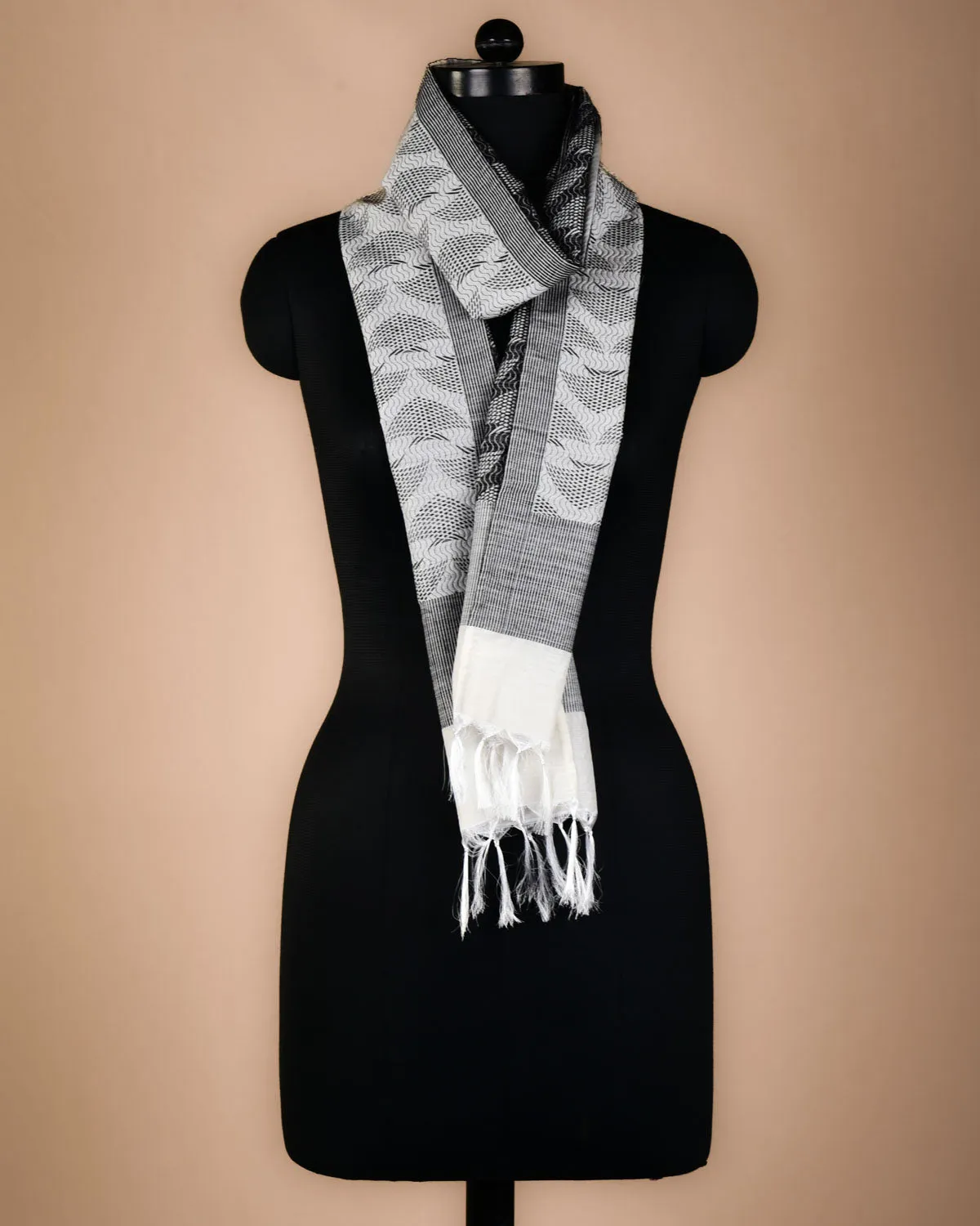 Black On Cream Banarasi Oceanic Pisces Brocade Handwoven Unisex Silk Wool Scarf 80"x10"