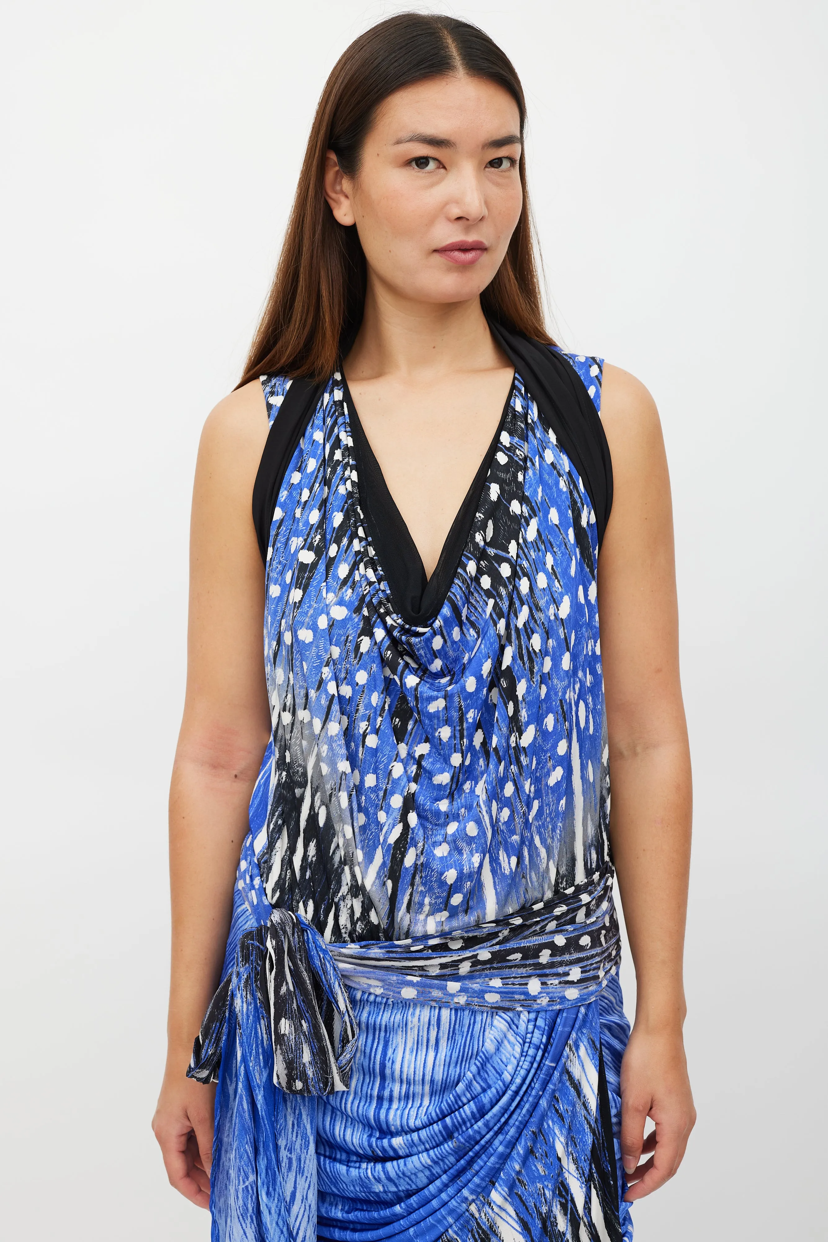 Blue & Black Polka Dot Gathered Belted Dress