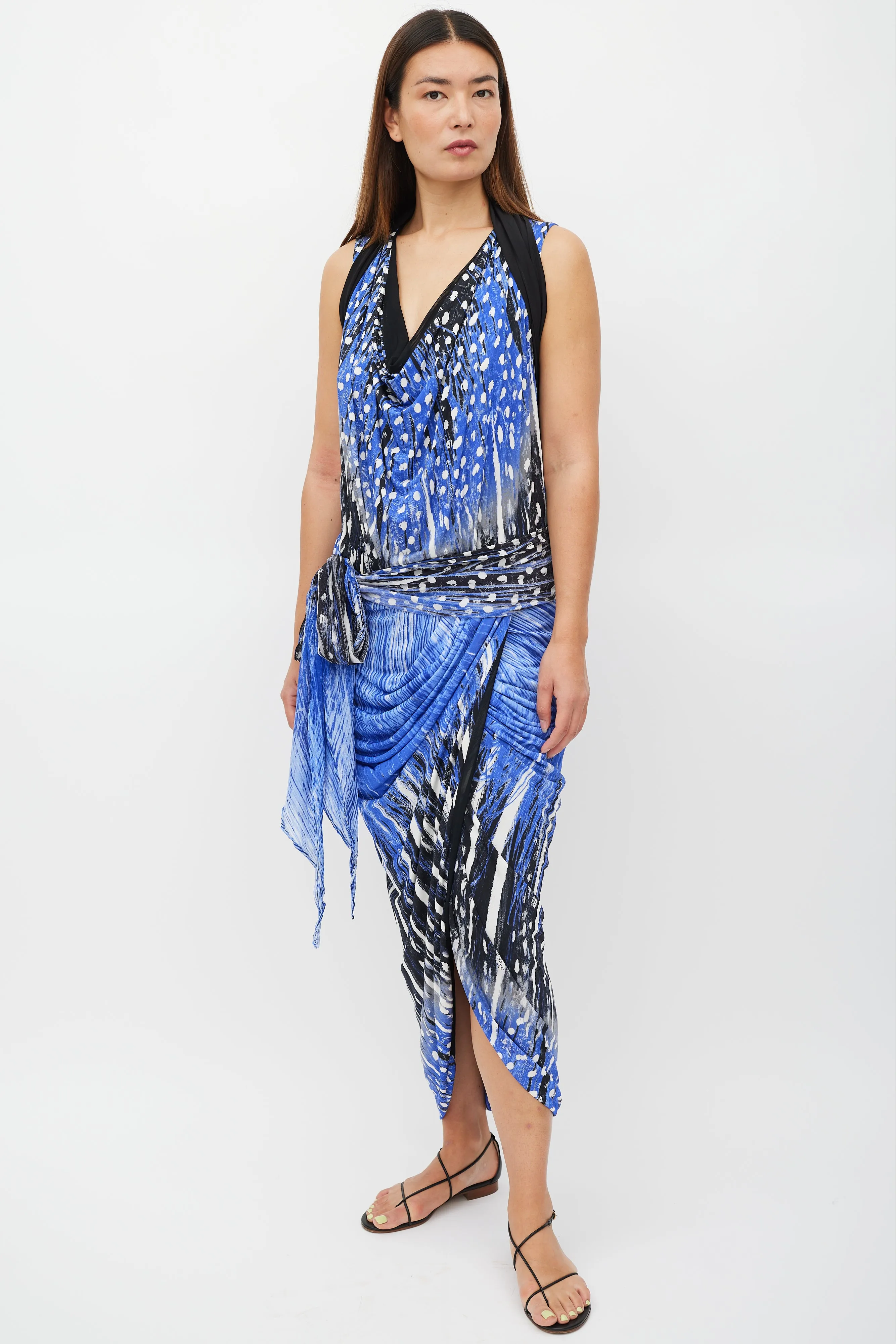 Blue & Black Polka Dot Gathered Belted Dress