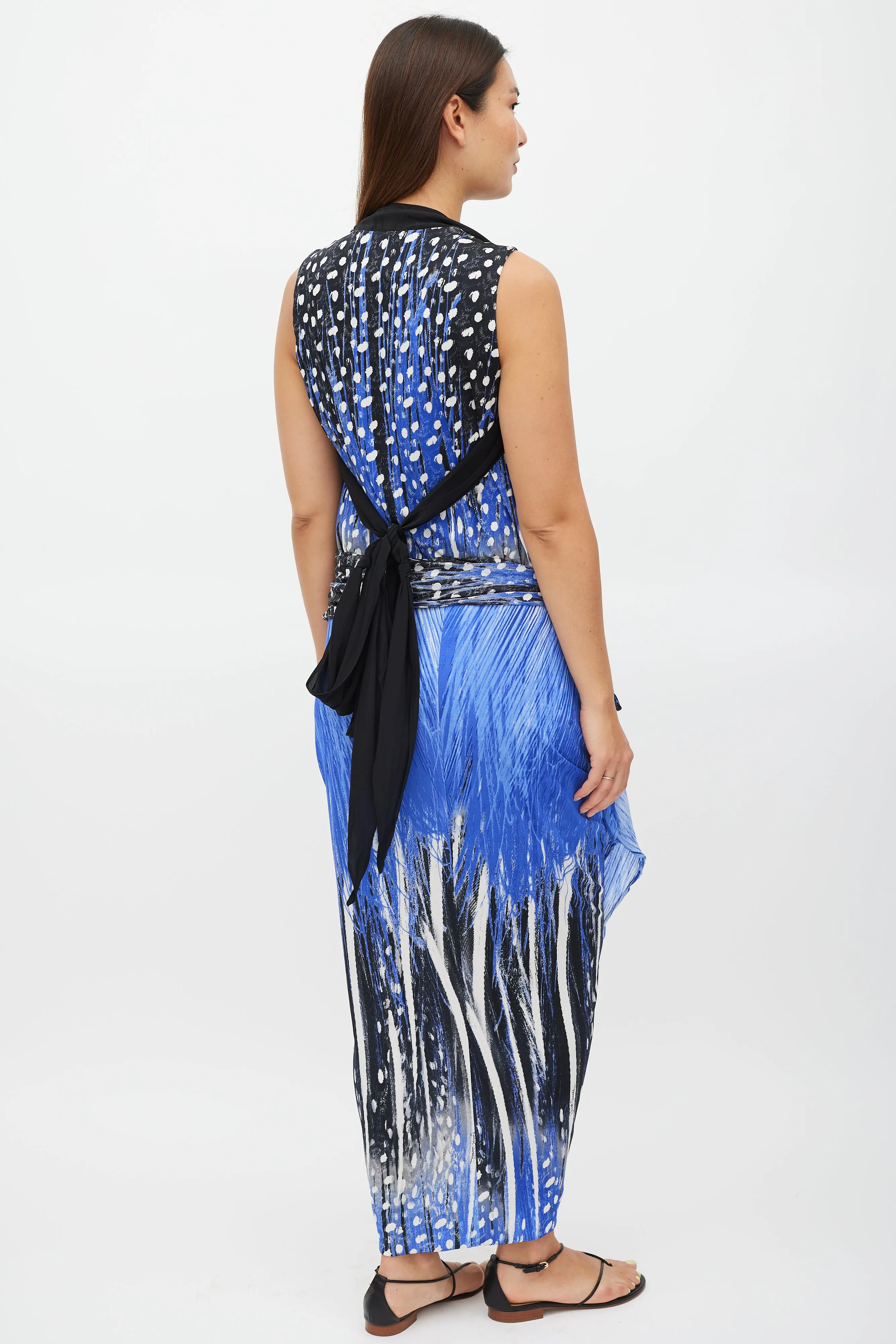 Blue & Black Polka Dot Gathered Belted Dress