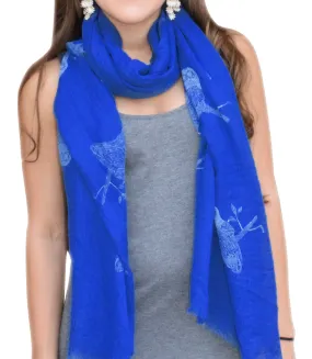 Blue White Lightweight Graphic Animal Owl Print Summer Fringe Scarf