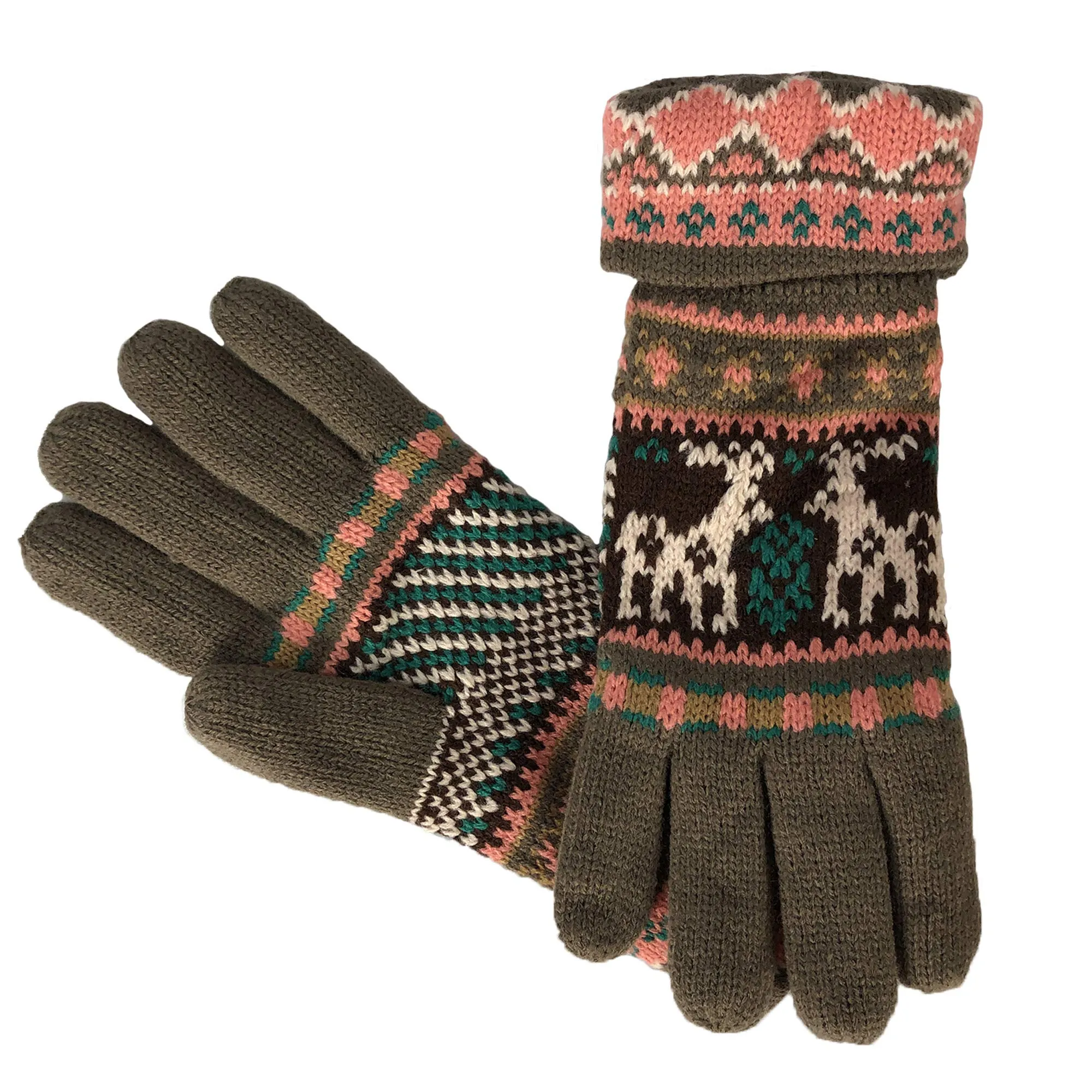 Fair Isle Reindeer Snowflake Plush Fleece Lined Double Layer Winter Gloves
