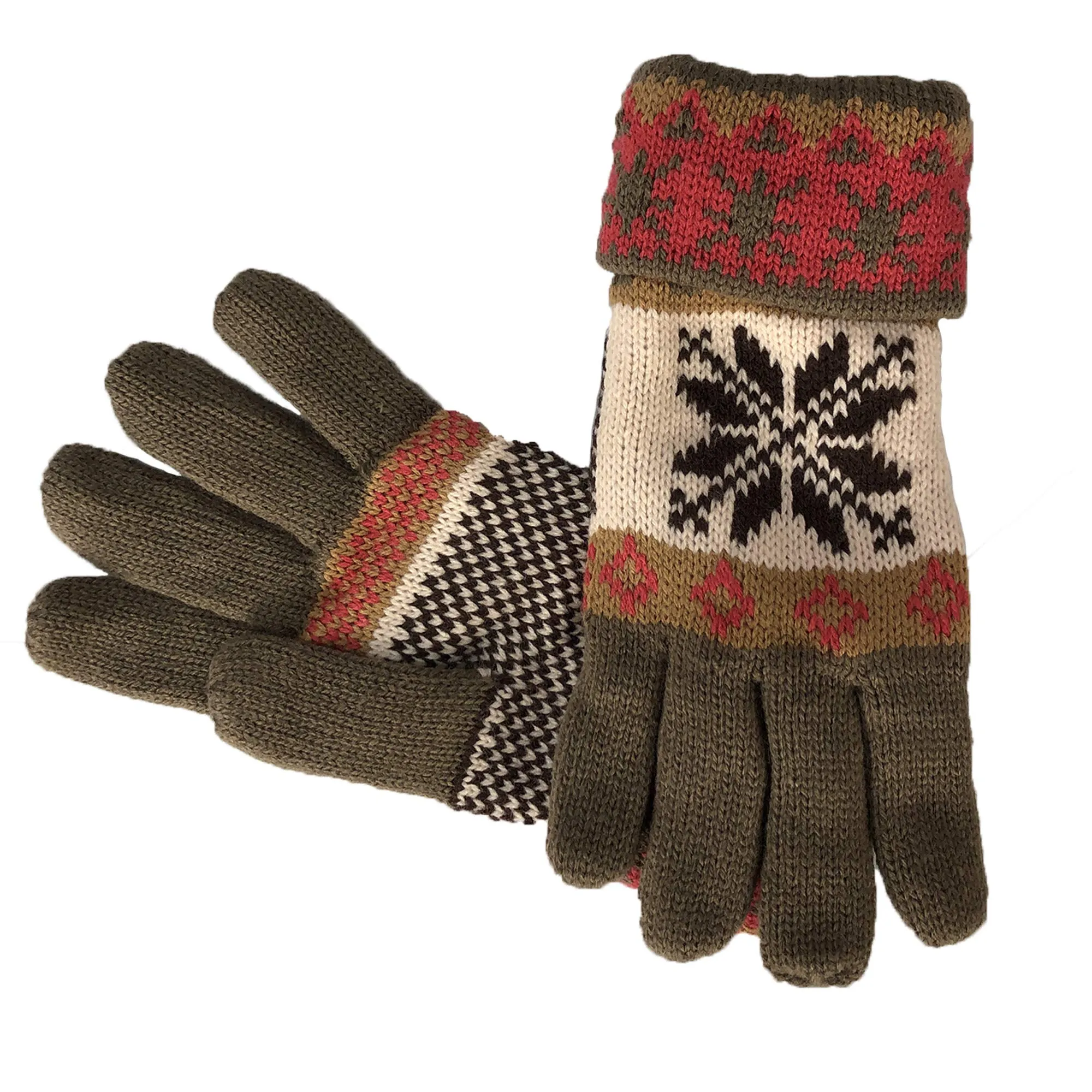 Fair Isle Reindeer Snowflake Plush Fleece Lined Double Layer Winter Gloves