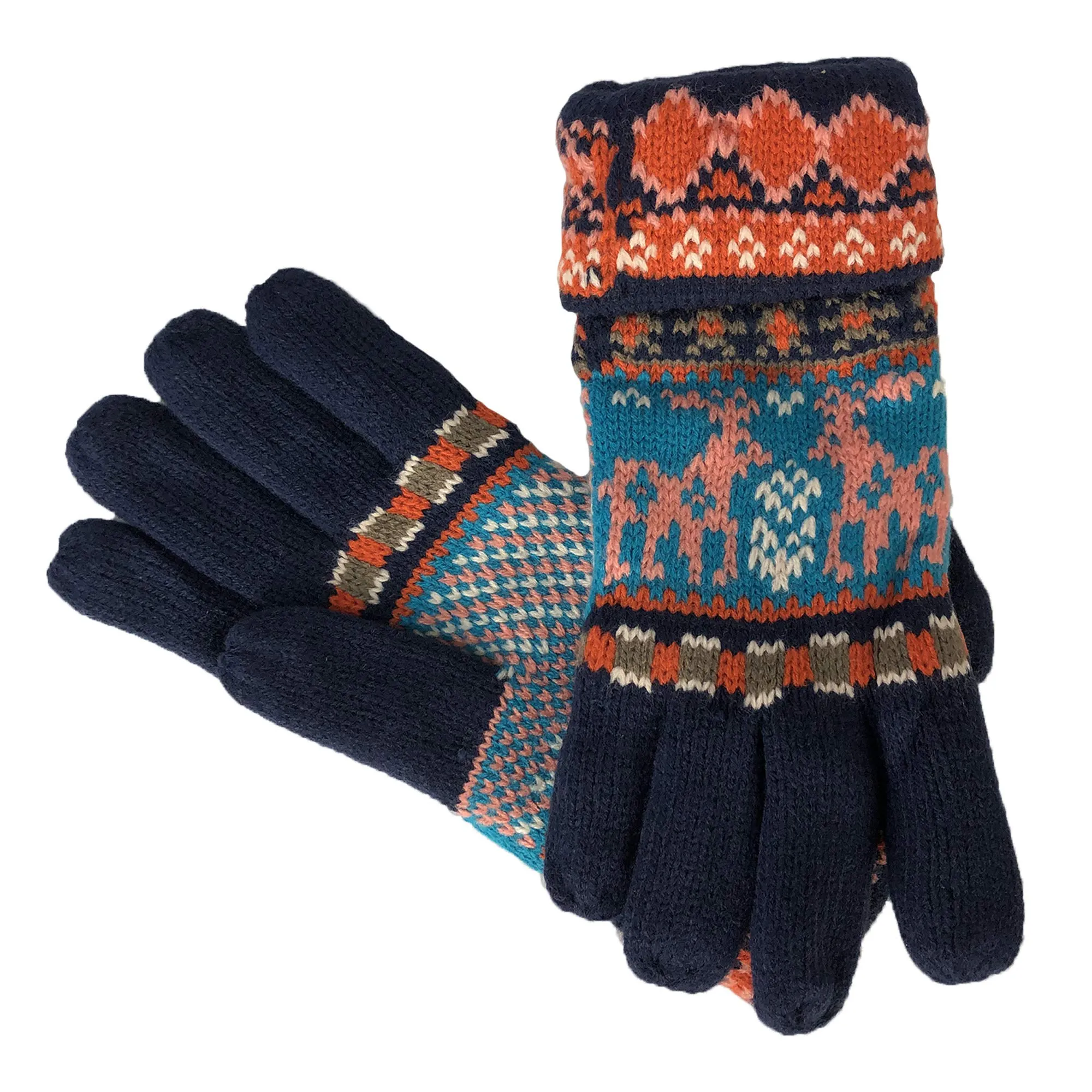 Fair Isle Reindeer Snowflake Plush Fleece Lined Double Layer Winter Gloves