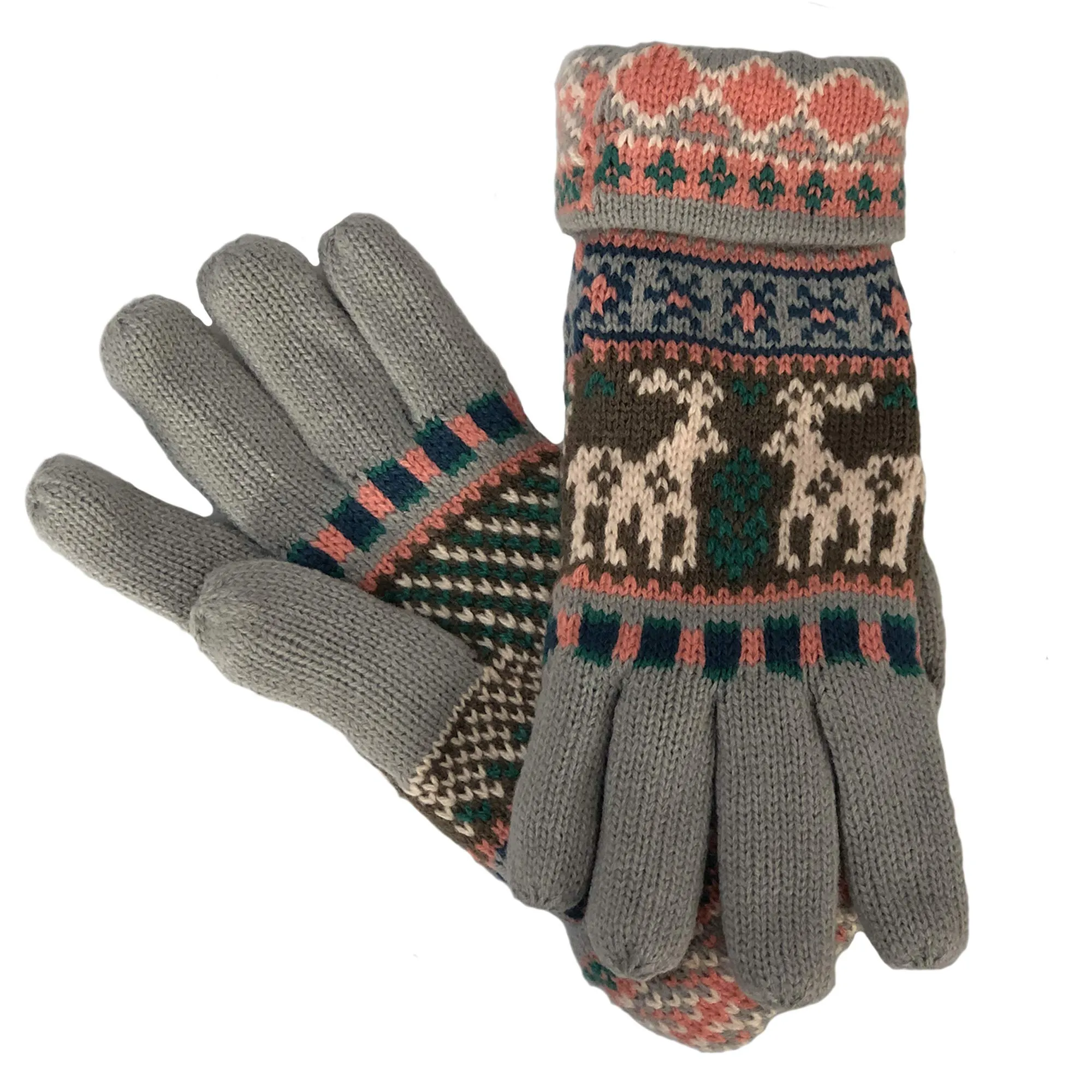 Fair Isle Reindeer Snowflake Plush Fleece Lined Double Layer Winter Gloves