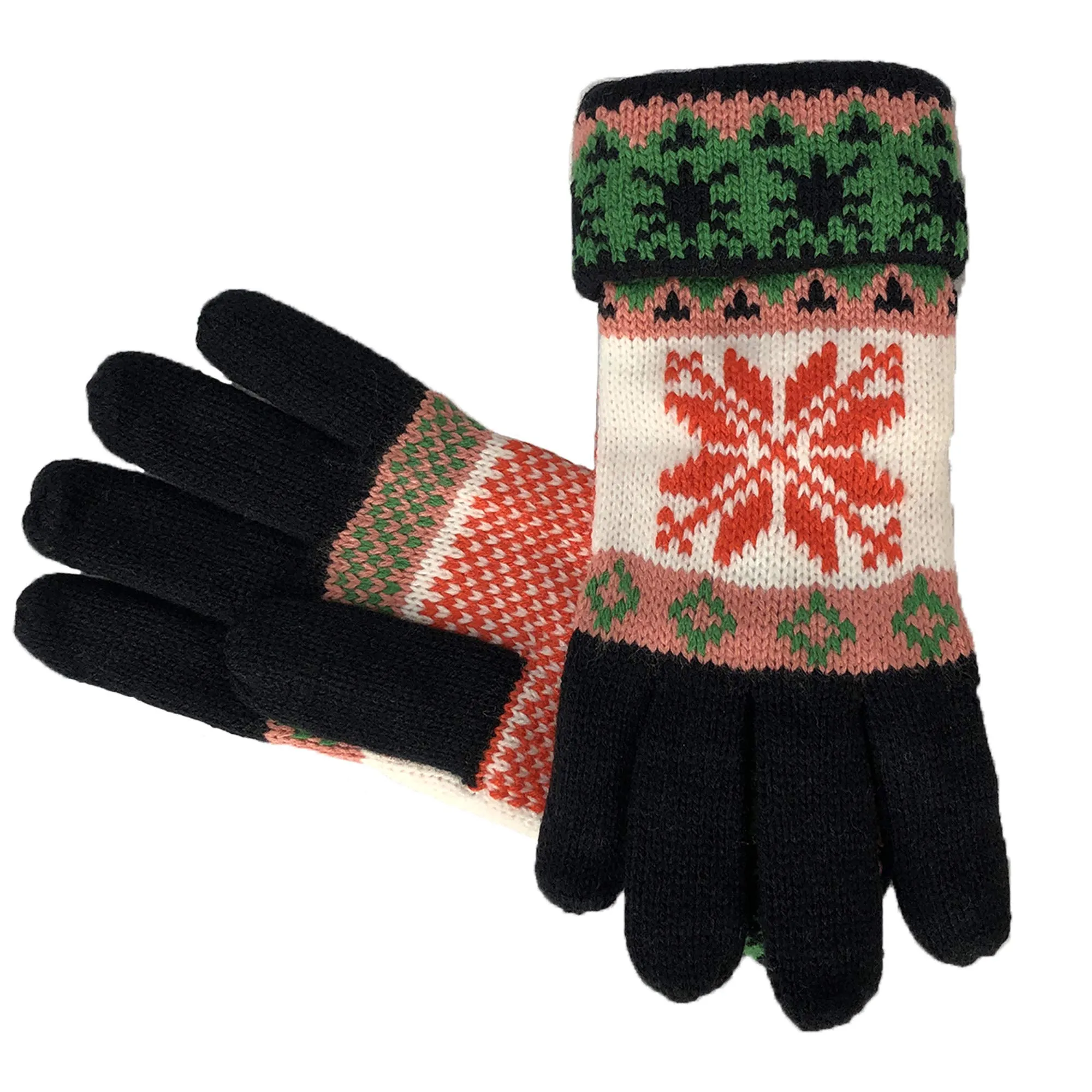 Fair Isle Reindeer Snowflake Plush Fleece Lined Double Layer Winter Gloves