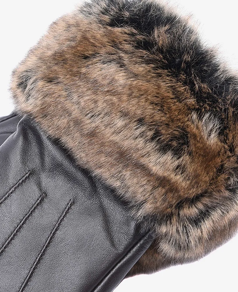 Fur Trimmed Leather Gloves - Dark Brown