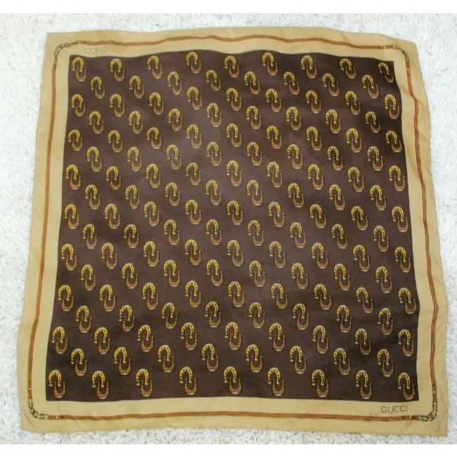 Gucci Tan Brown Horseshoe Logo Equestrian And Print Silk Scarf