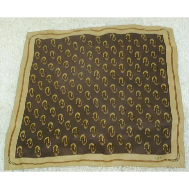 Gucci Tan Brown Horseshoe Logo Equestrian And Print Silk Scarf