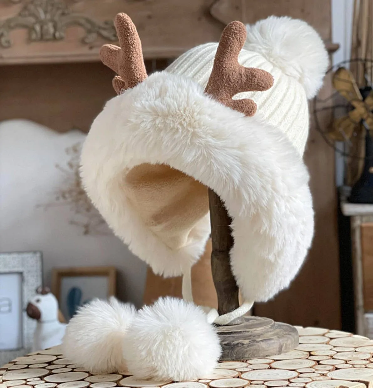 JCH4008 Fleece-Lined Faux-Fur Hat with Antlers, and Pom-Pom