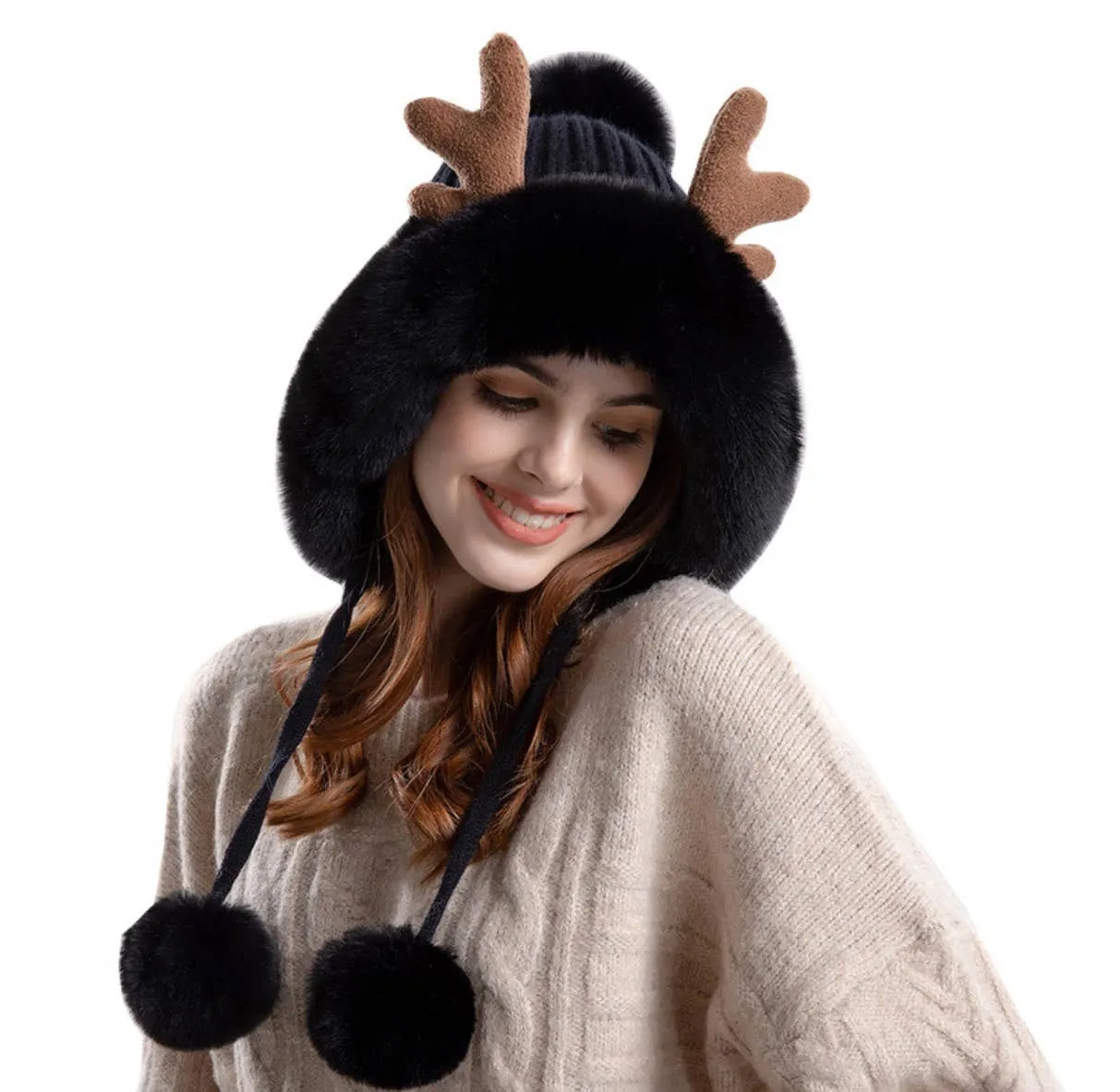 JCH4008 Fleece-Lined Faux-Fur Hat with Antlers, and Pom-Pom
