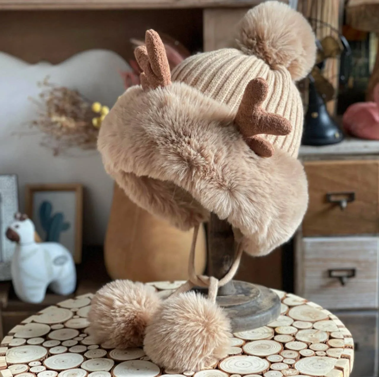 JCH4008 Fleece-Lined Faux-Fur Hat with Antlers, and Pom-Pom