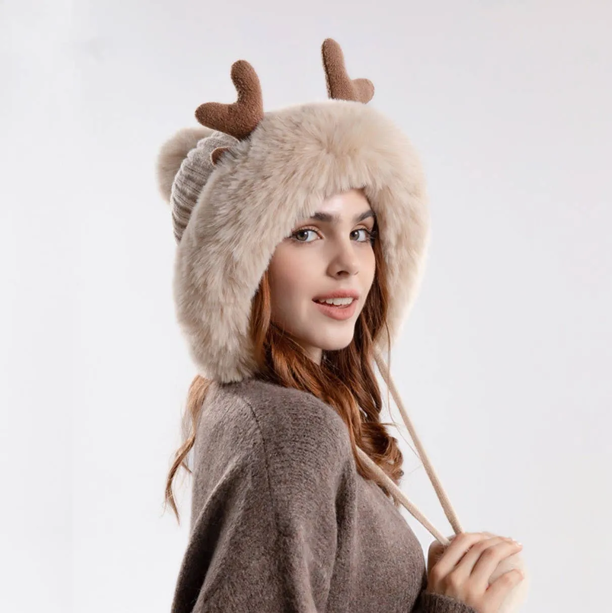 JCH4008 Fleece-Lined Faux-Fur Hat with Antlers, and Pom-Pom