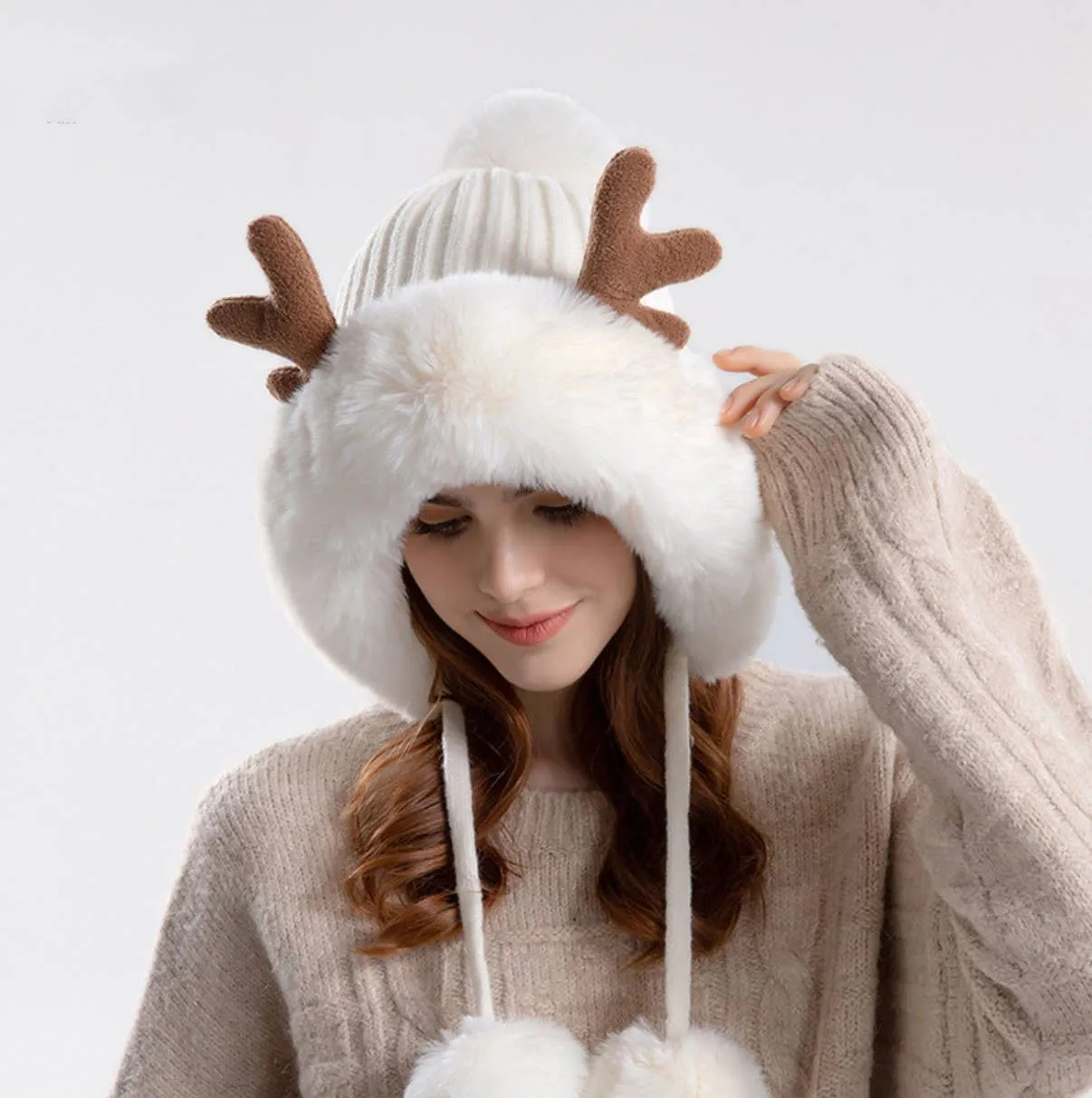 JCH4008 Fleece-Lined Faux-Fur Hat with Antlers, and Pom-Pom