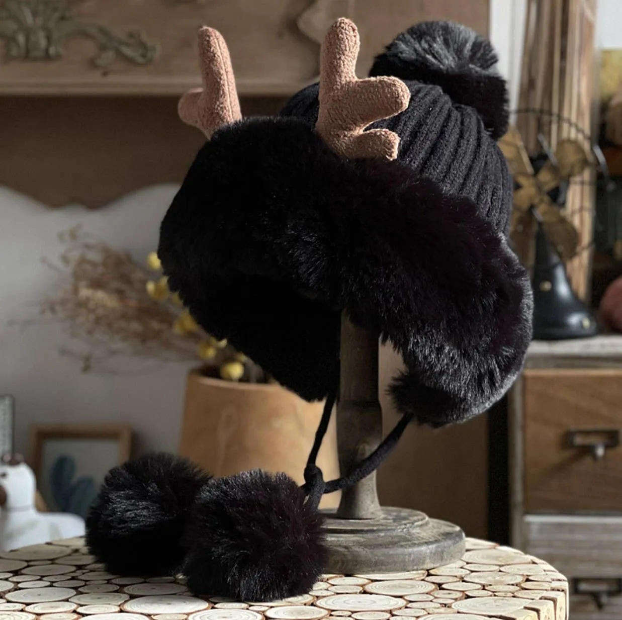 JCH4008 Fleece-Lined Faux-Fur Hat with Antlers, and Pom-Pom