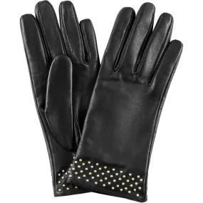 Leather gloves decorated with small studs / 15496 - Black / Gold