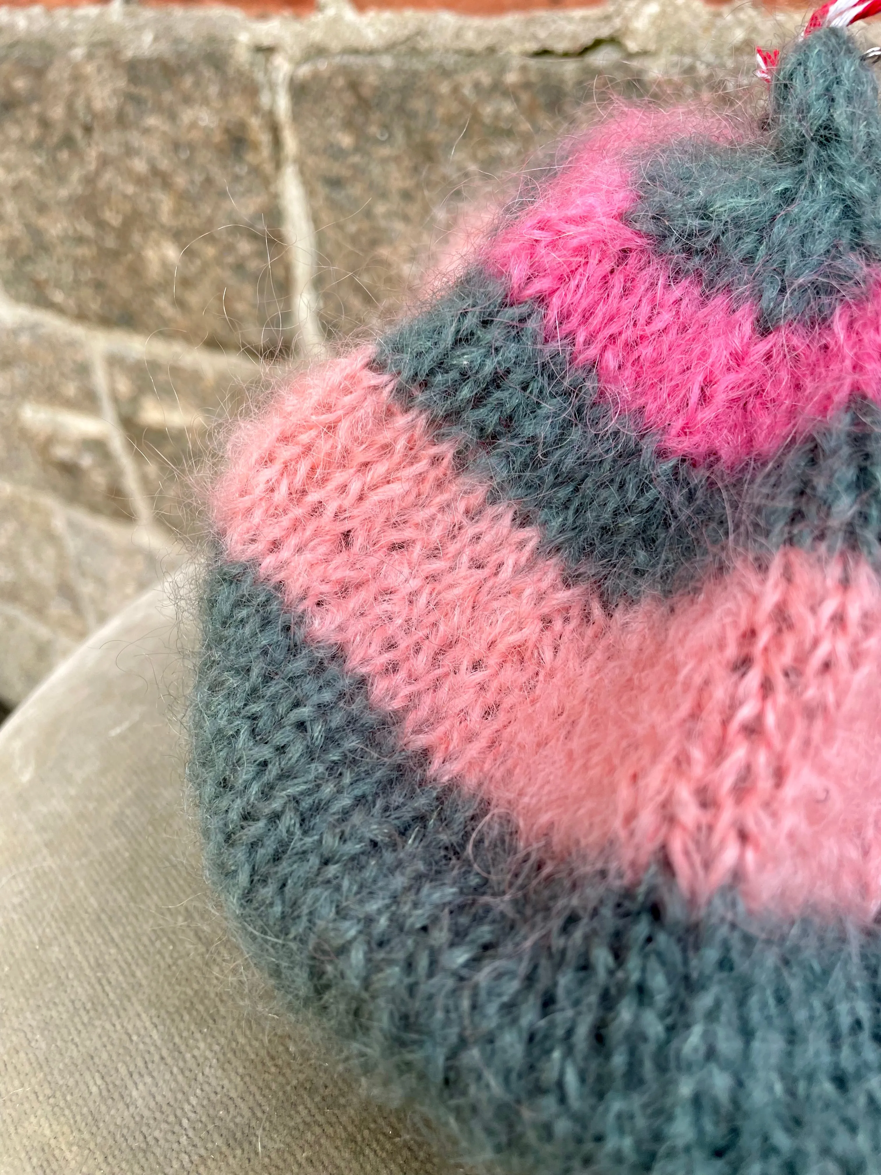 Mohair Beret, E.L. Design - Striped Grey, Light Pink And Pink
