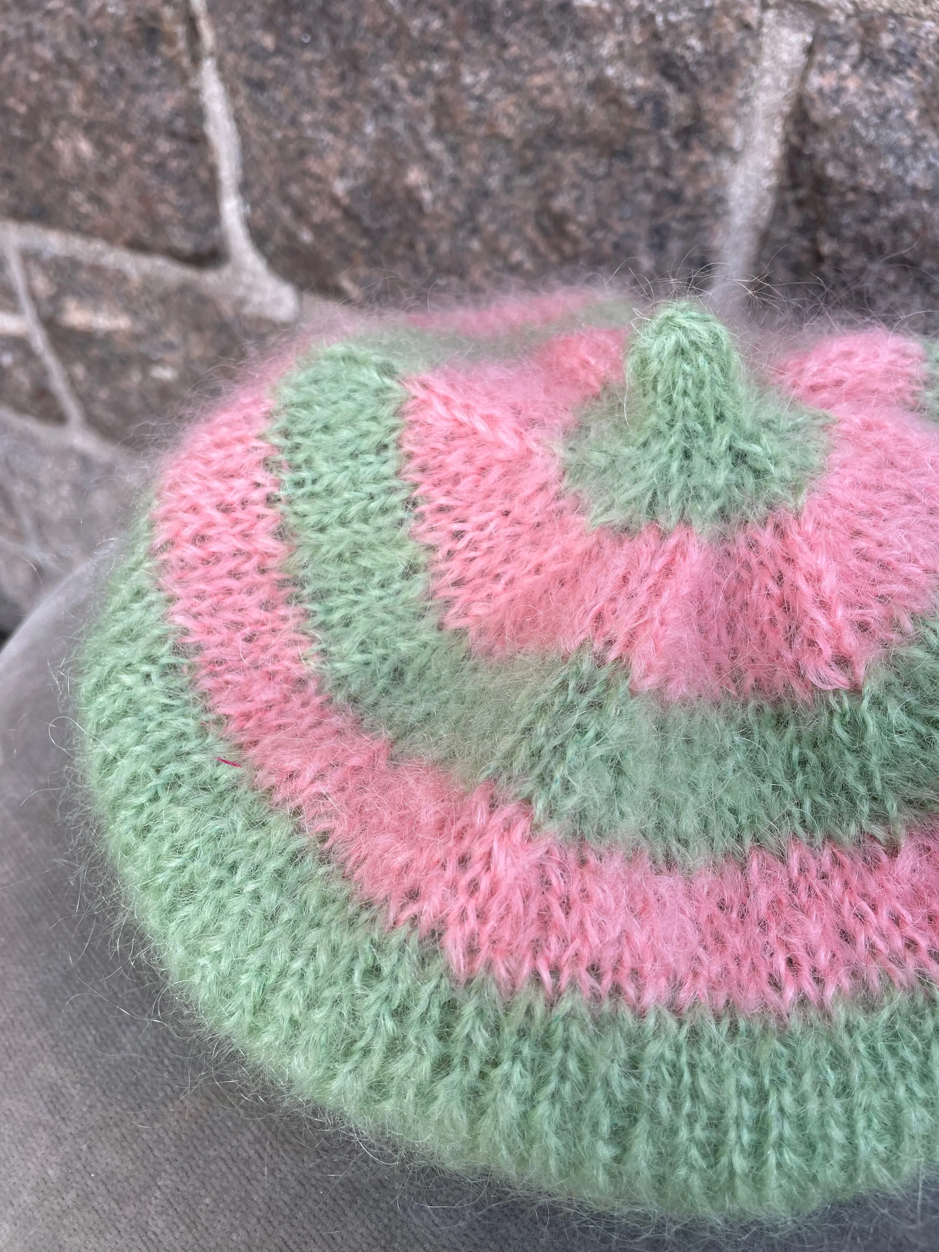 Mohair Beret, E.L. Design - Striped Light Pink And Light Green