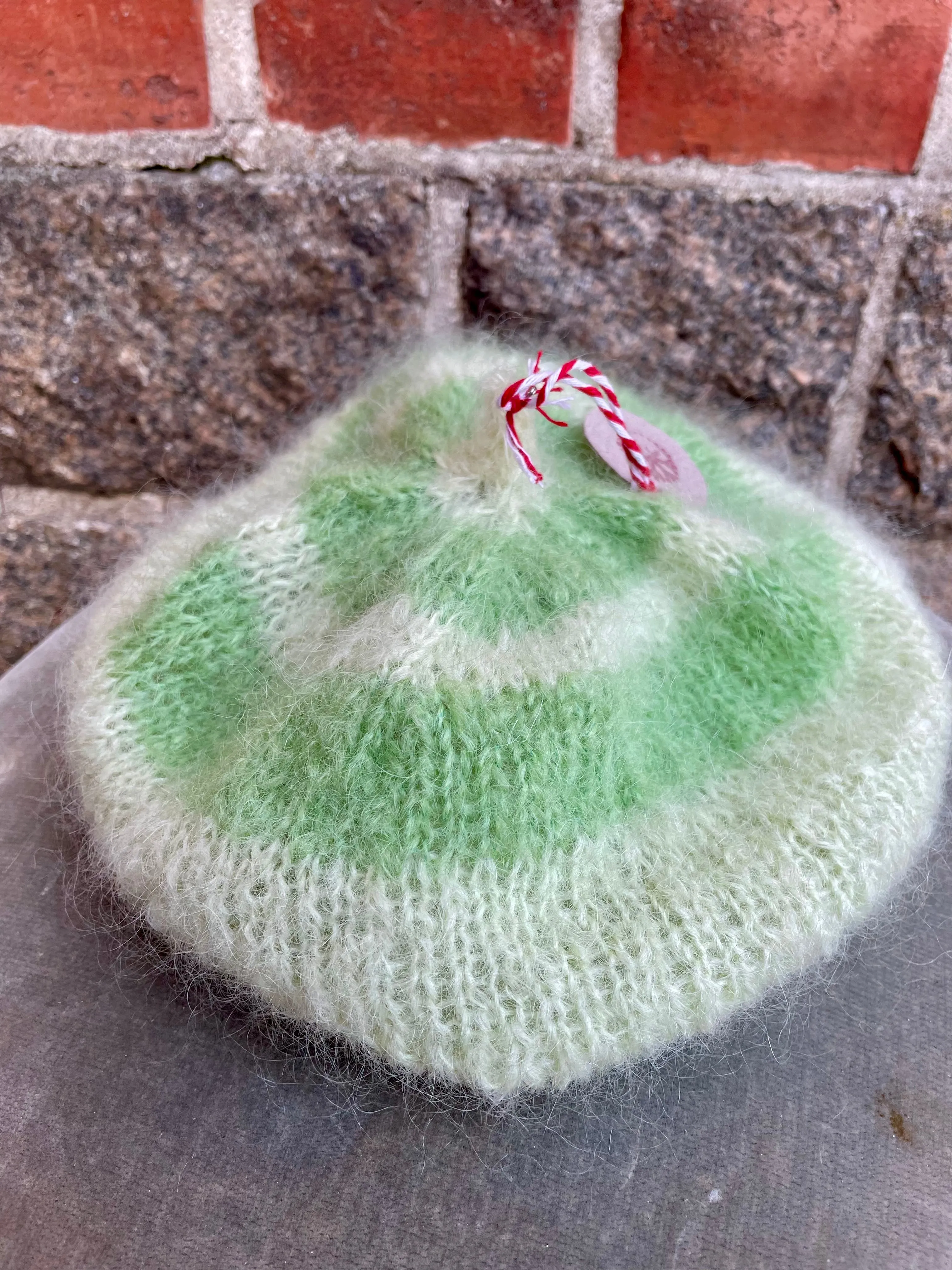 Mohair Beret, E.L. Design - Striped Pastel Green And Light Green