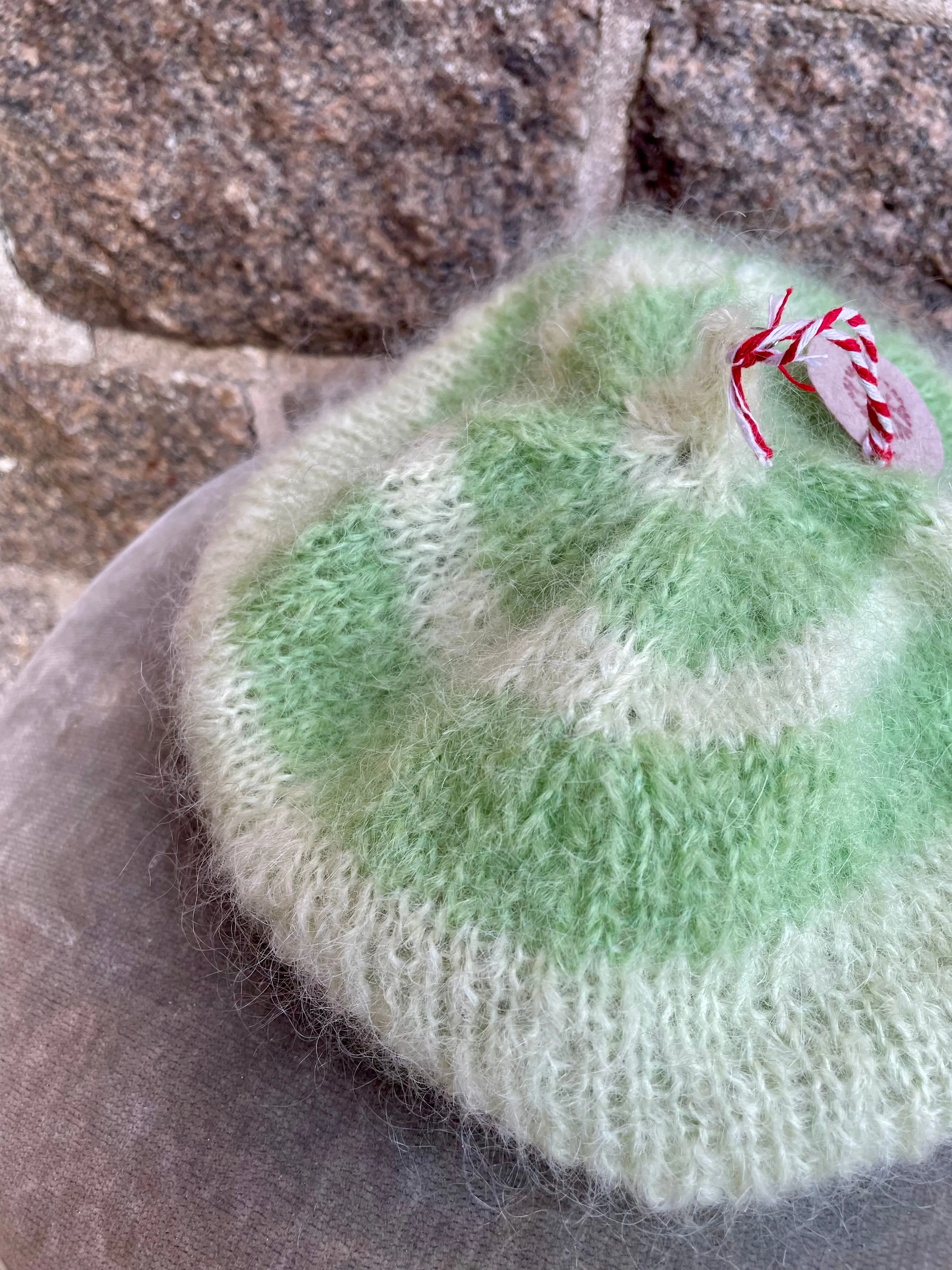 Mohair Beret, E.L. Design - Striped Pastel Green And Light Green