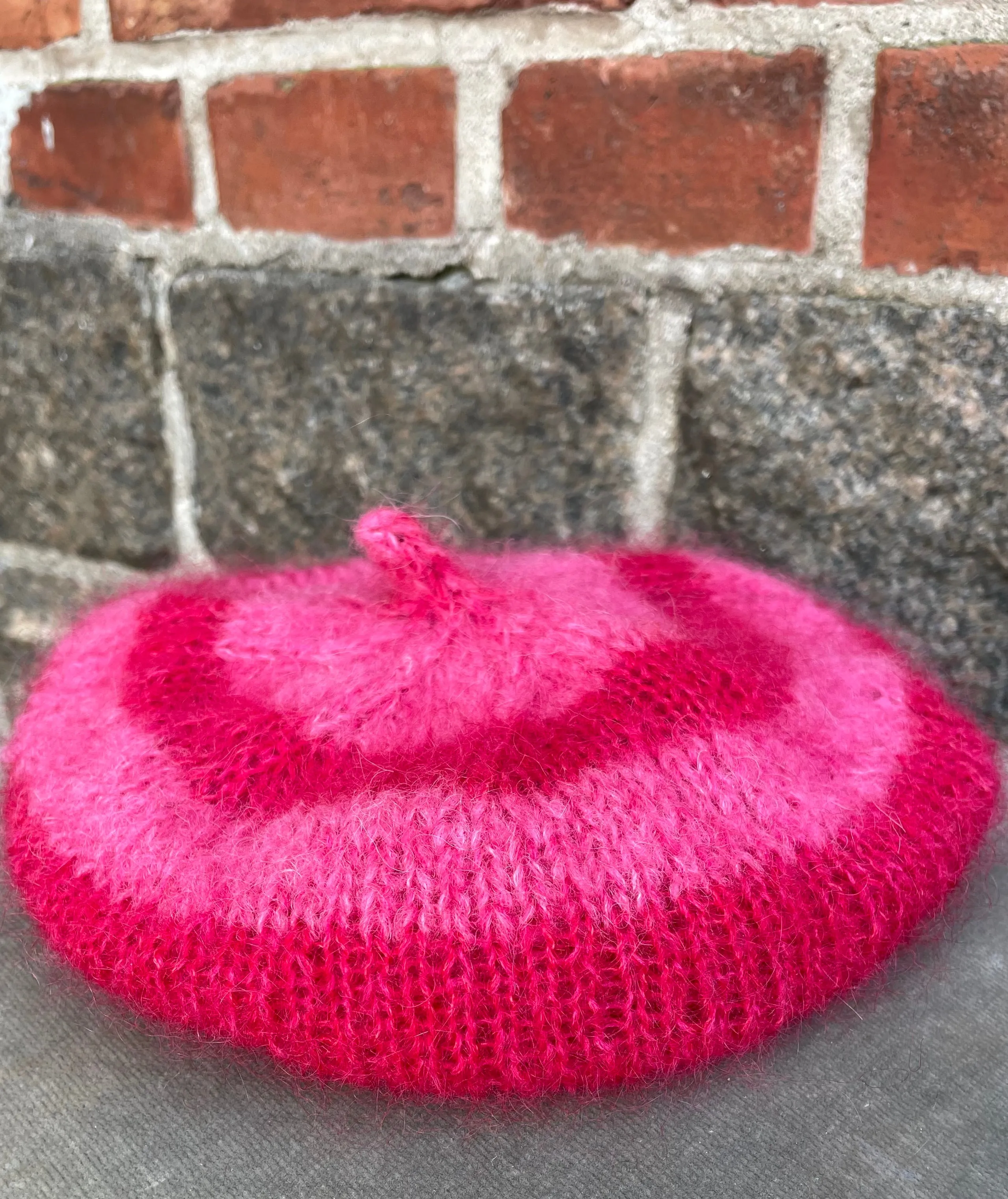 Mohair Beret, E.L. Design - Striped Pink And Red