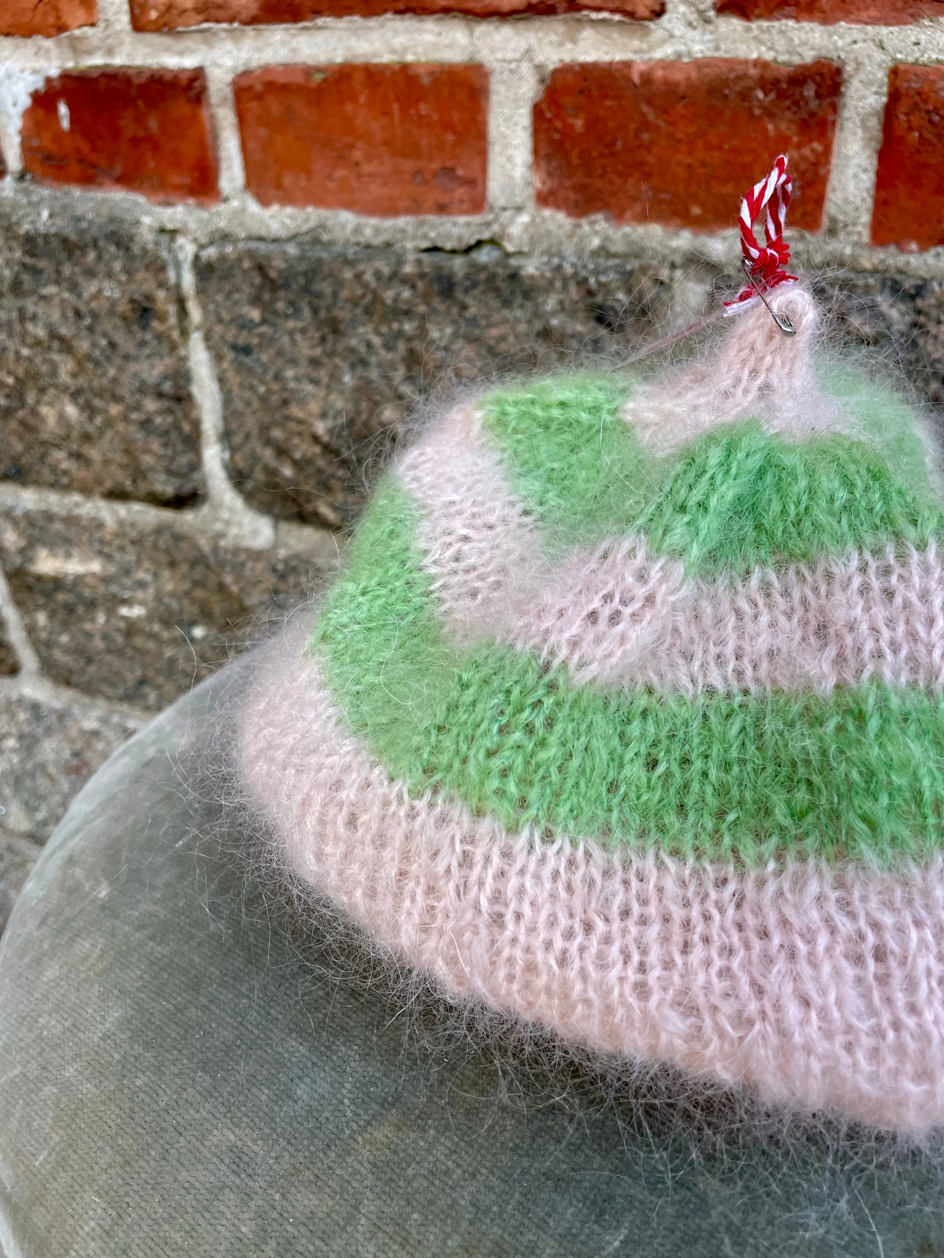 Mohair Beret, E.L. Design - Striped Very Light Pink And Green