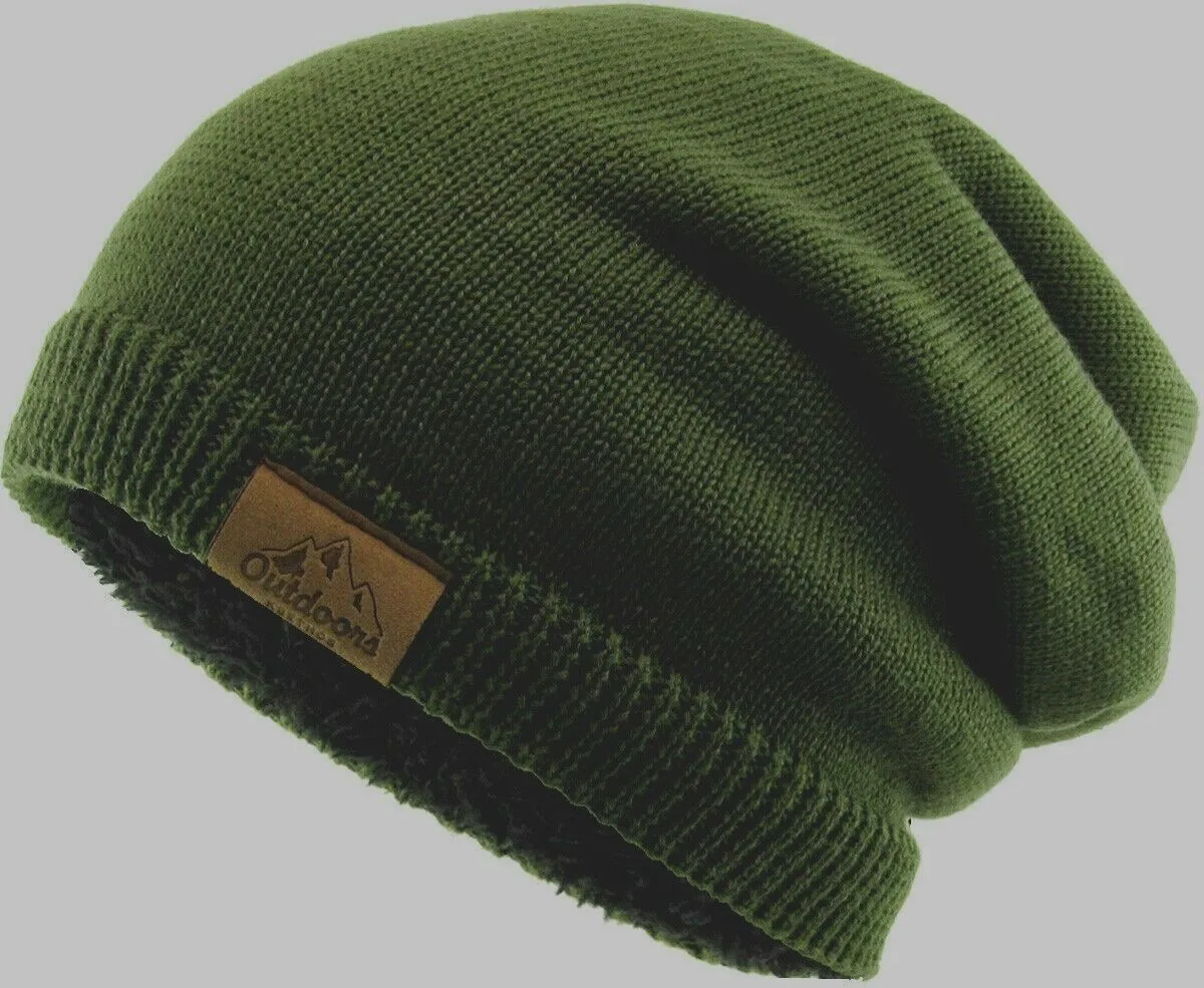 Slouch Baggy Beanie OD Green Watch Cap Sherpa Fleece Lined Ski Hat Knit Winter