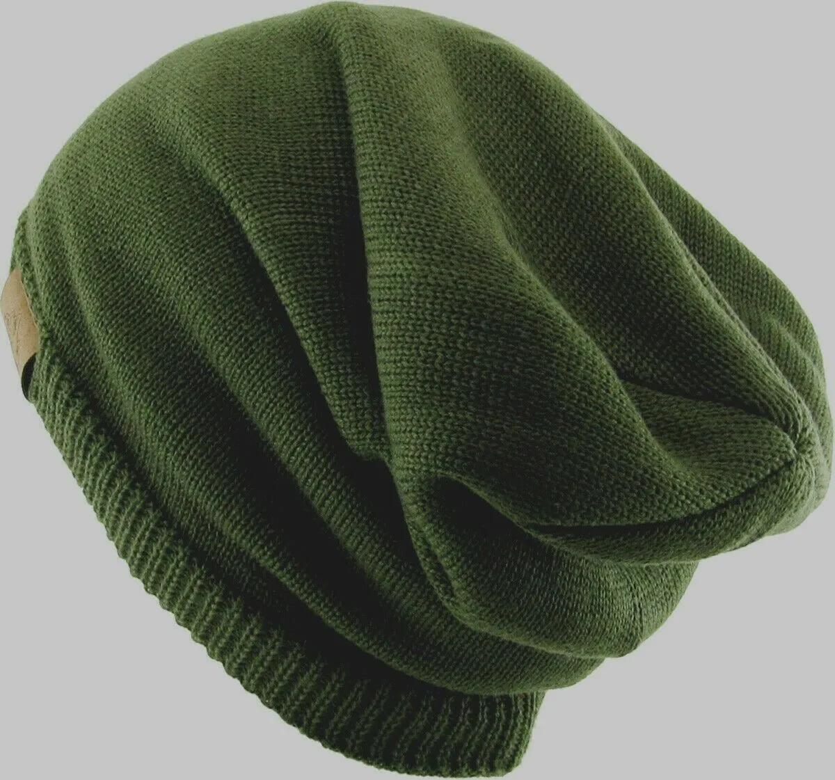 Slouch Baggy Beanie OD Green Watch Cap Sherpa Fleece Lined Ski Hat Knit Winter