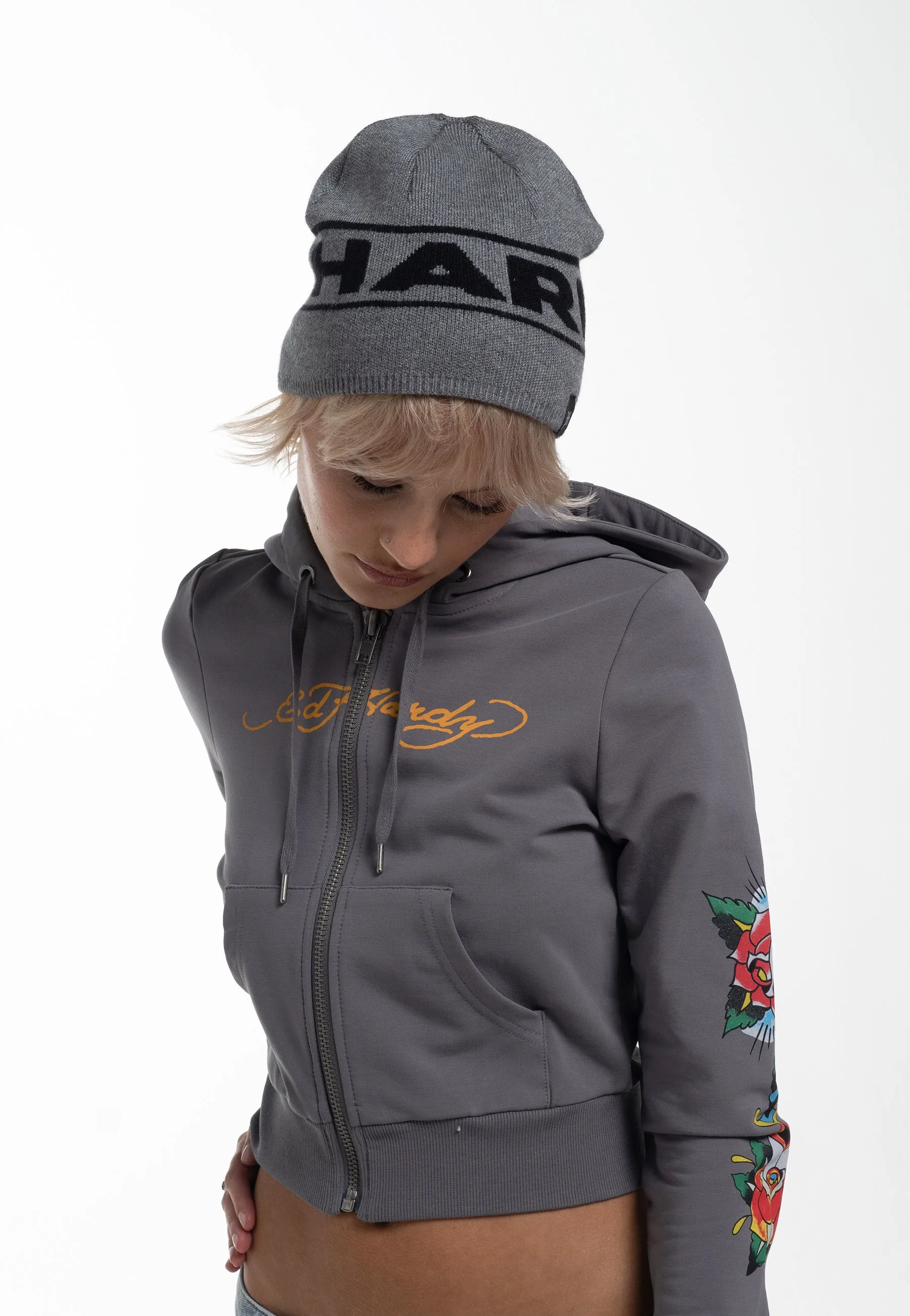 Unisex Ed Hardy Block Logo Beanie Hat - Charcoal Marl