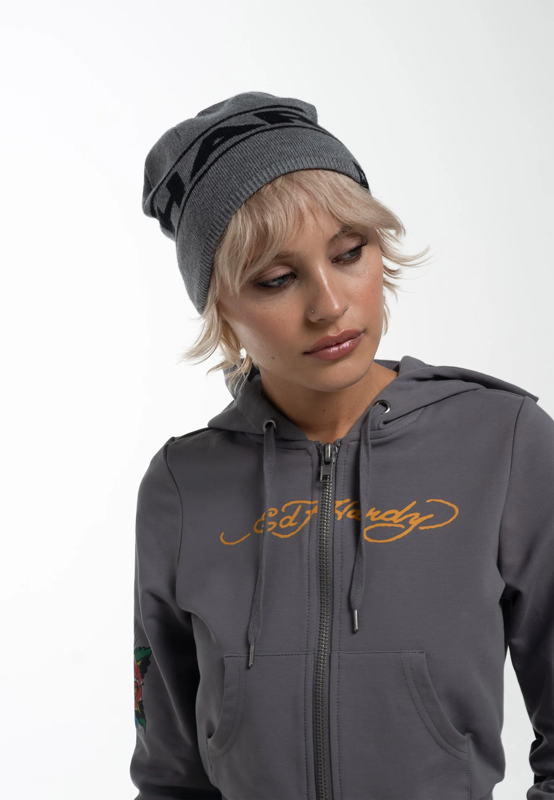 Unisex Ed Hardy Block Logo Beanie Hat - Charcoal Marl